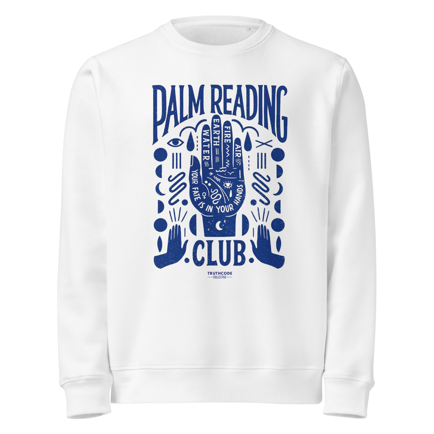 White organic sweatshirt with blue palm reading design and text 'Palm reading club' on a white background
