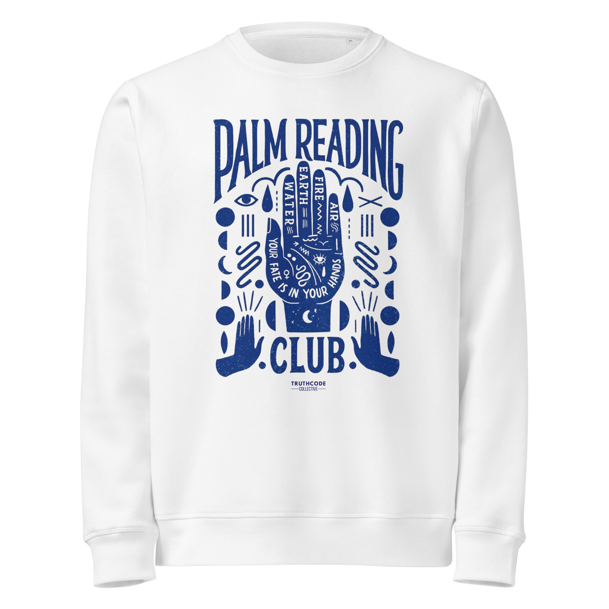 White organic sweatshirt with blue palm reading design and text 'Palm reading club' on a white background