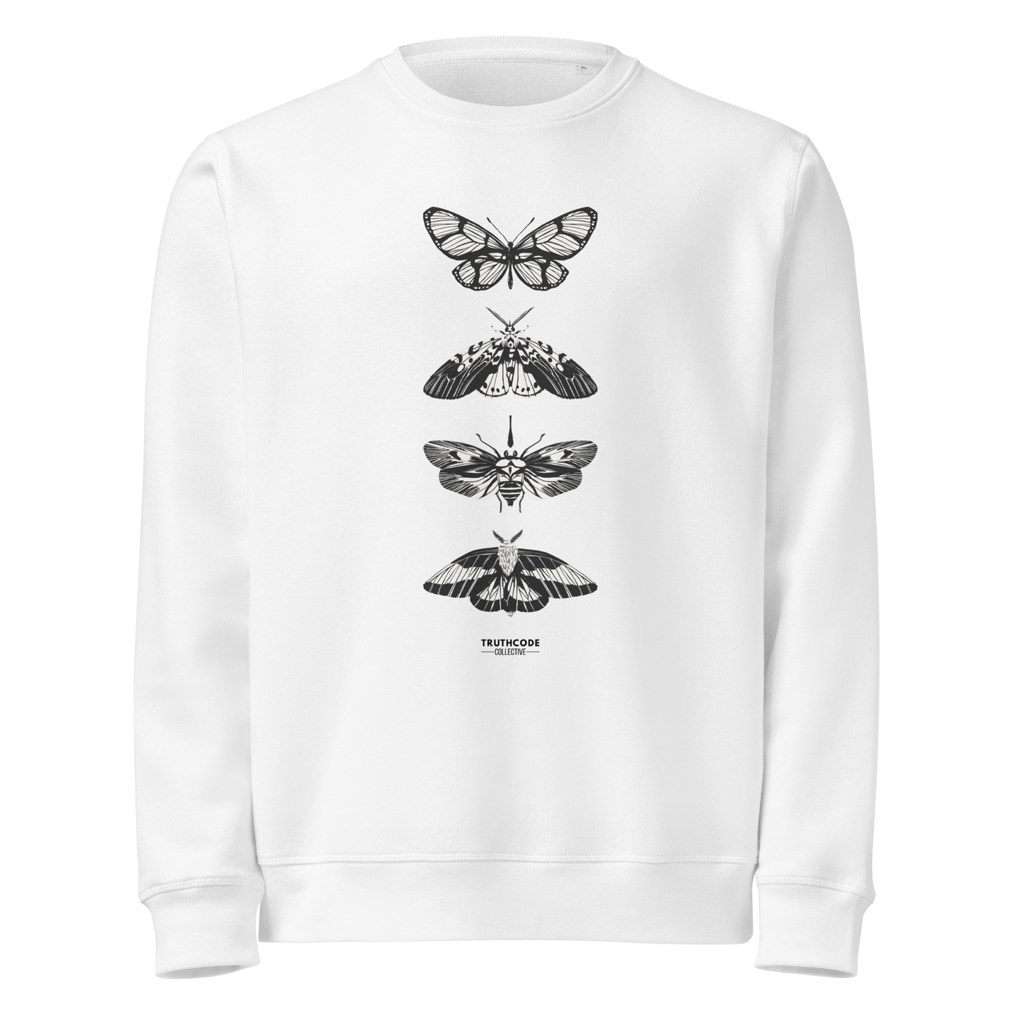 White organic sweatshirt with various butterfly designs on a white background