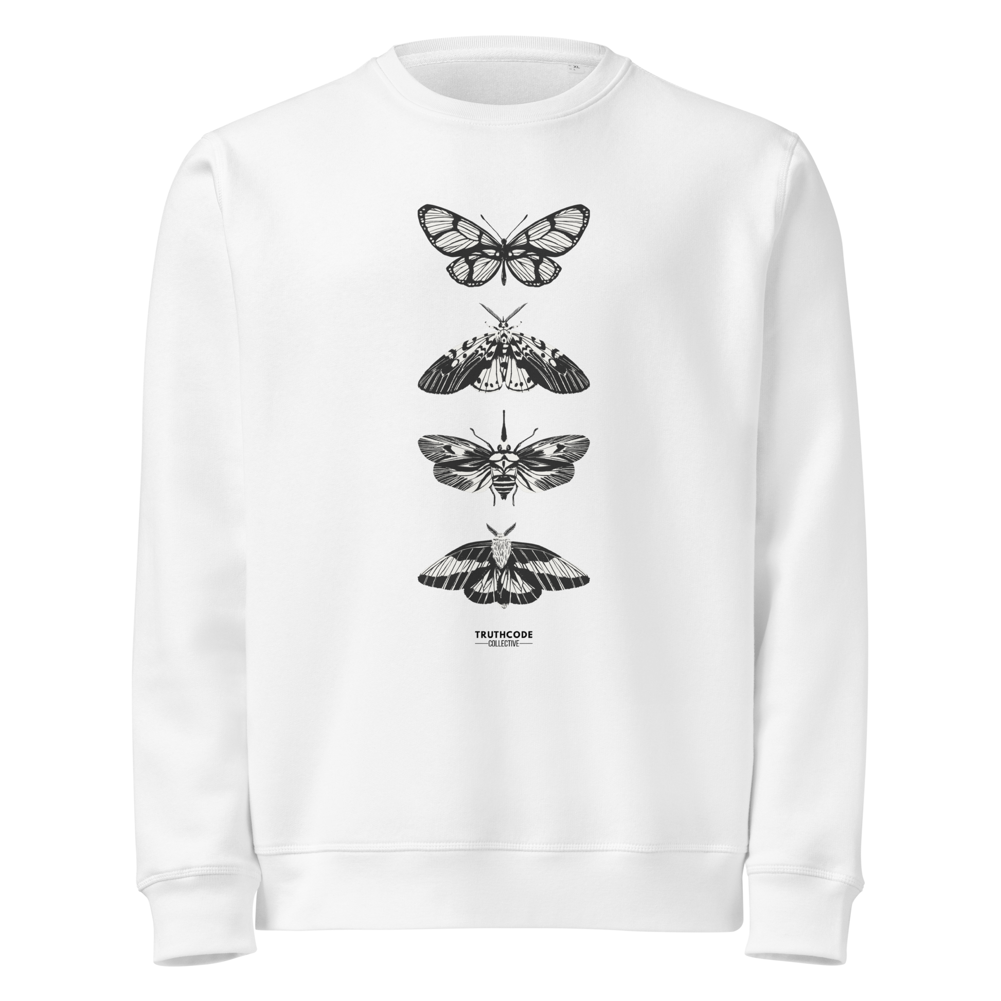 White organic sweatshirt with various butterfly designs on a white background