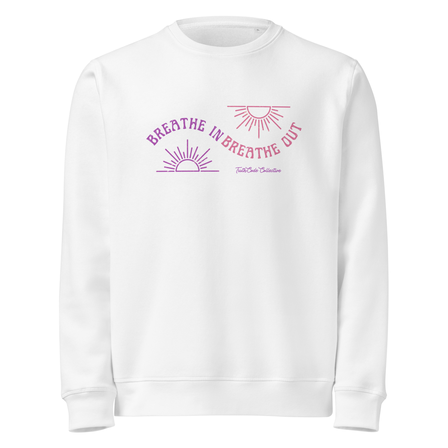 White organic sweatshirt with pink and purple sun design and text 'Breathe in breathe out' on a white background