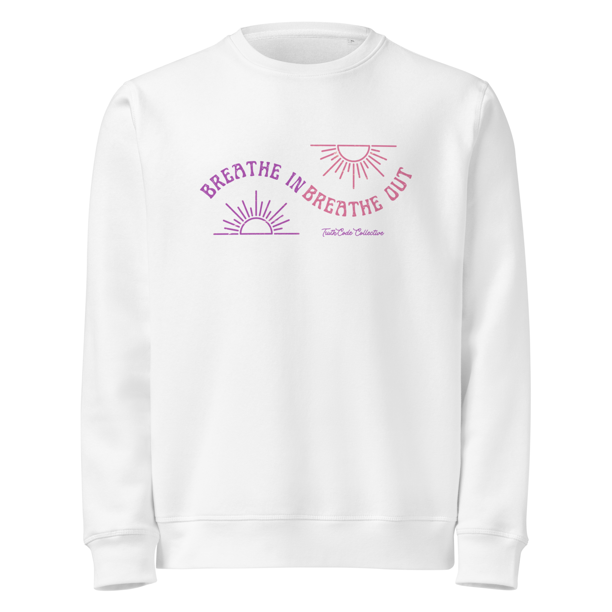 White organic sweatshirt with pink and purple sun design and text 'Breathe in breathe out' on a white background