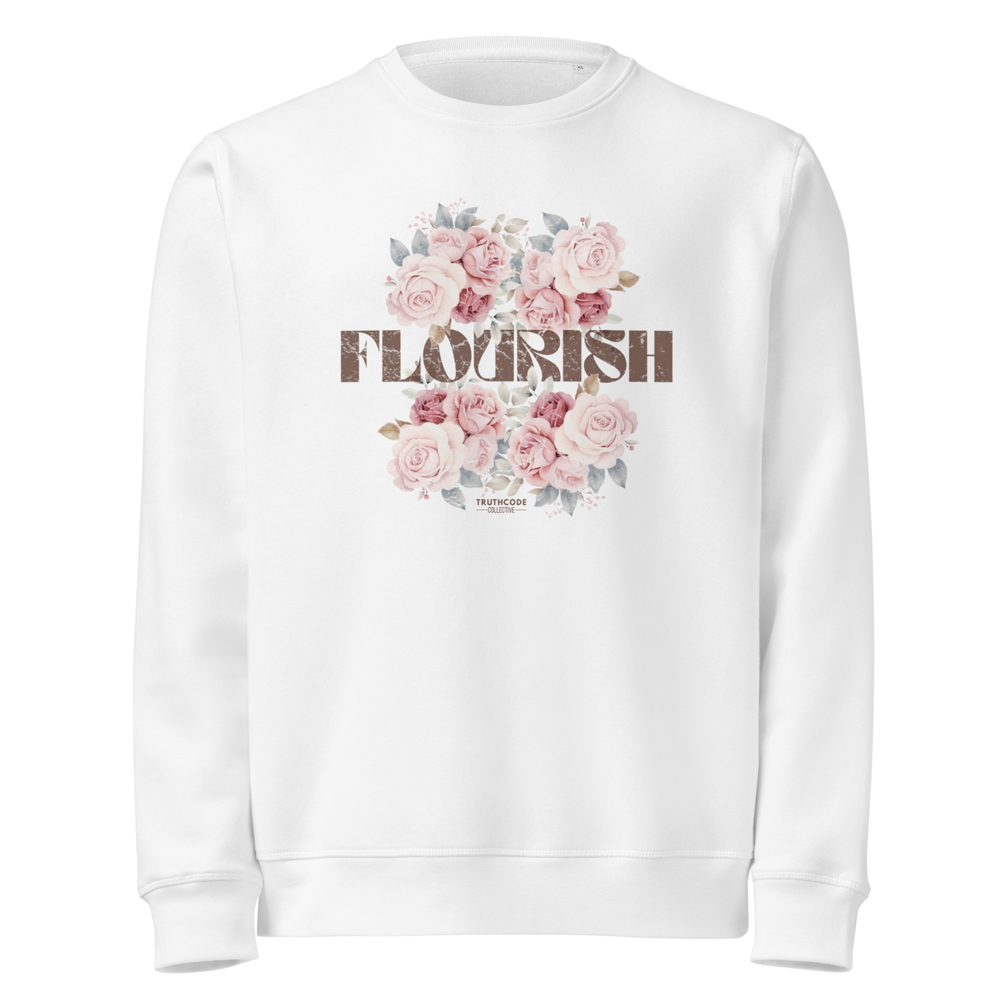 White organic sweatshirt with floral design and 'Flourish' text on a white background