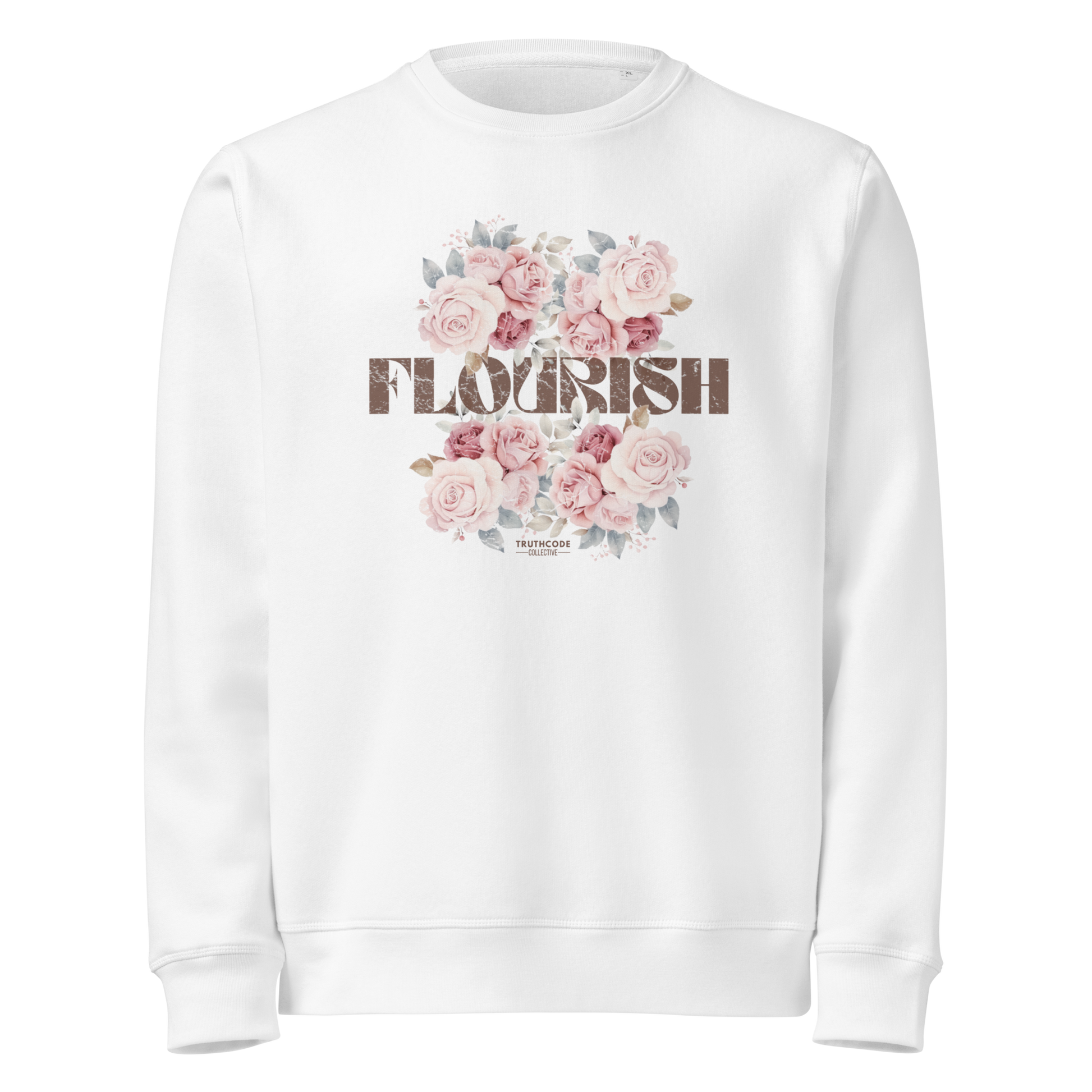 White organic sweatshirt with floral design and 'Flourish' text on a white background