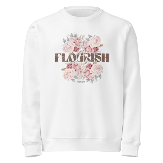 White organic sweatshirt with floral design and 'Flourish' text on a white background