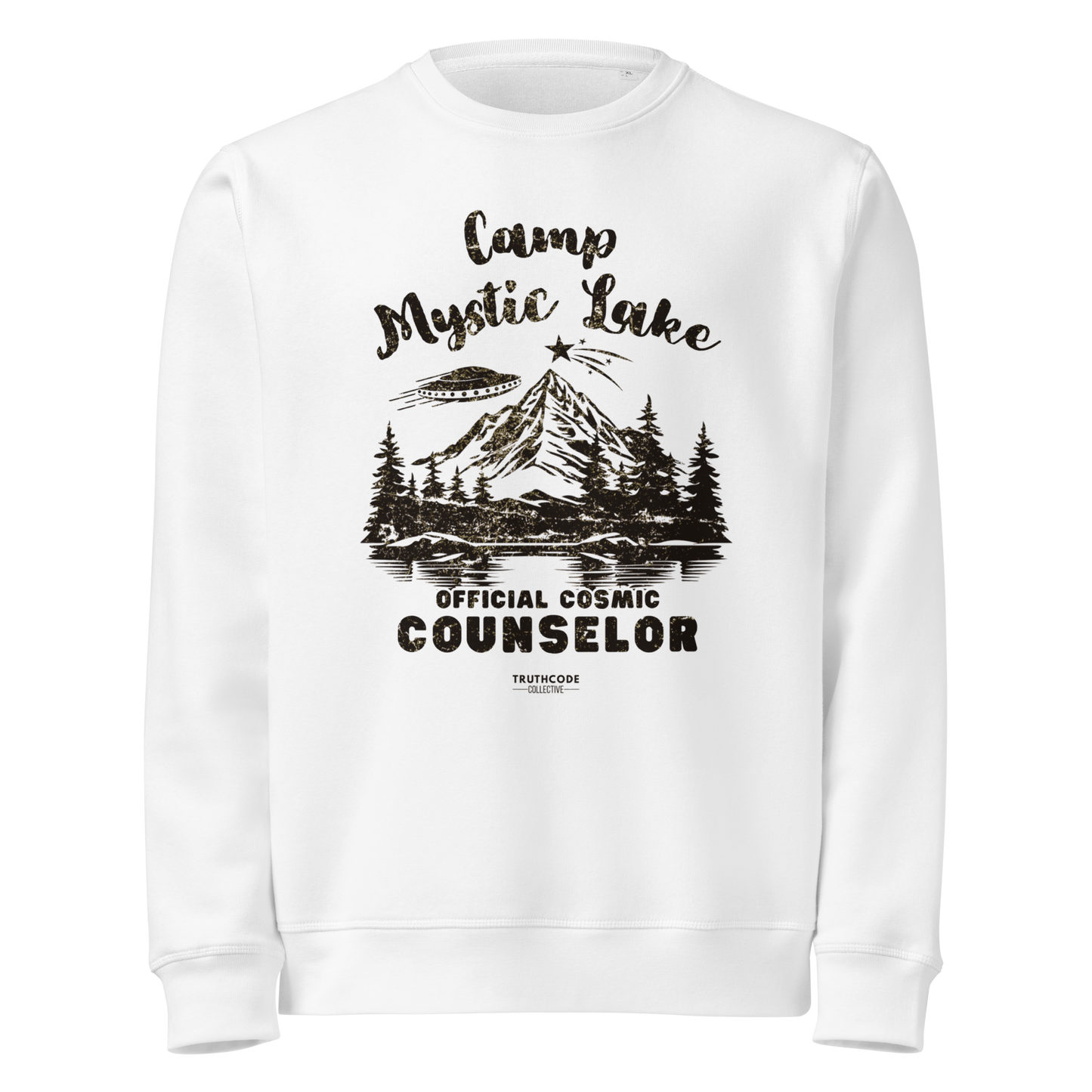 White organic sweatshirt with mountain scene and spaceship graphic design and text 'Camp Mystic Lake, official cosmic counselor' on a white background