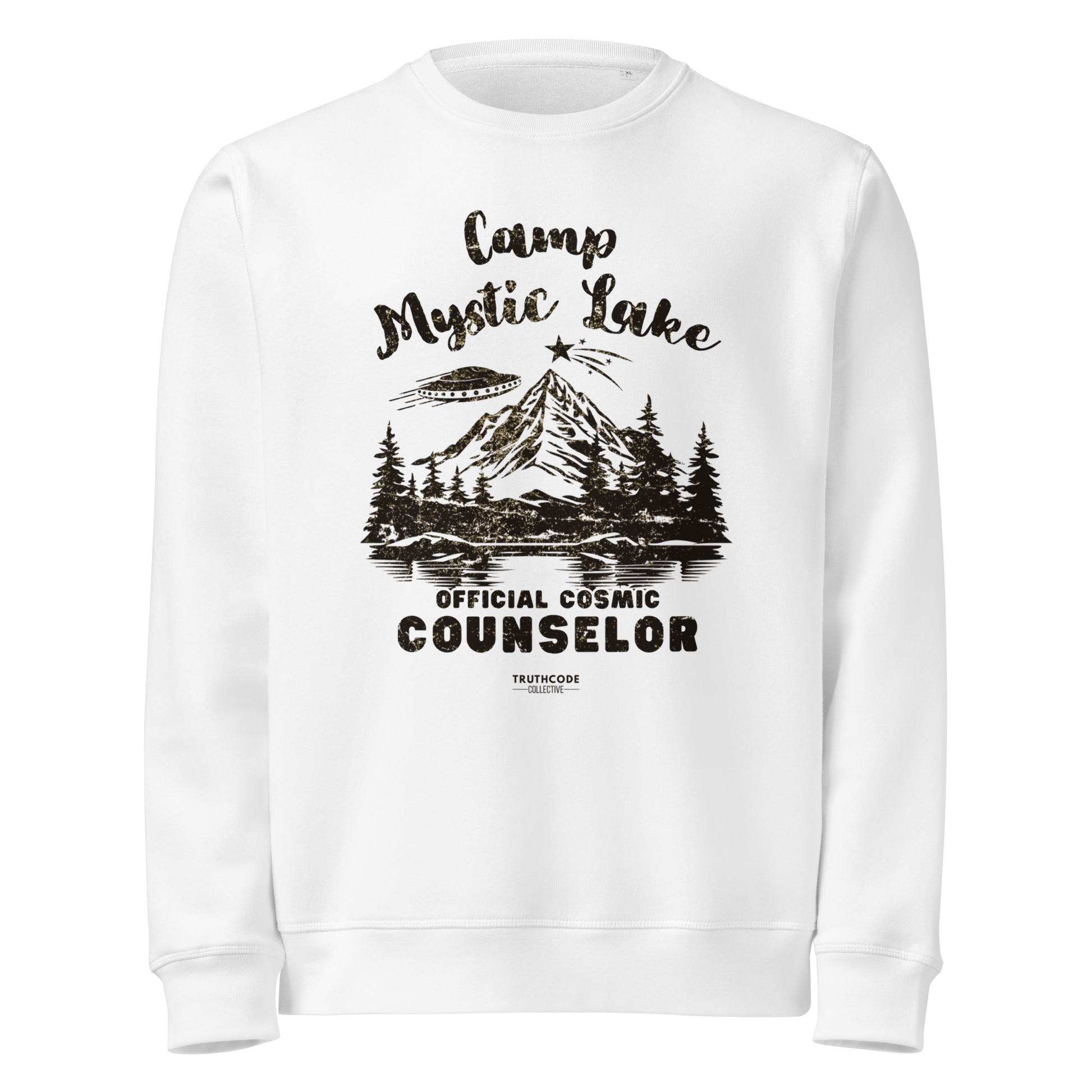 White organic sweatshirt with mountain scene and spaceship graphic design and text 'Camp Mystic Lake, official cosmic counselor' on a white background