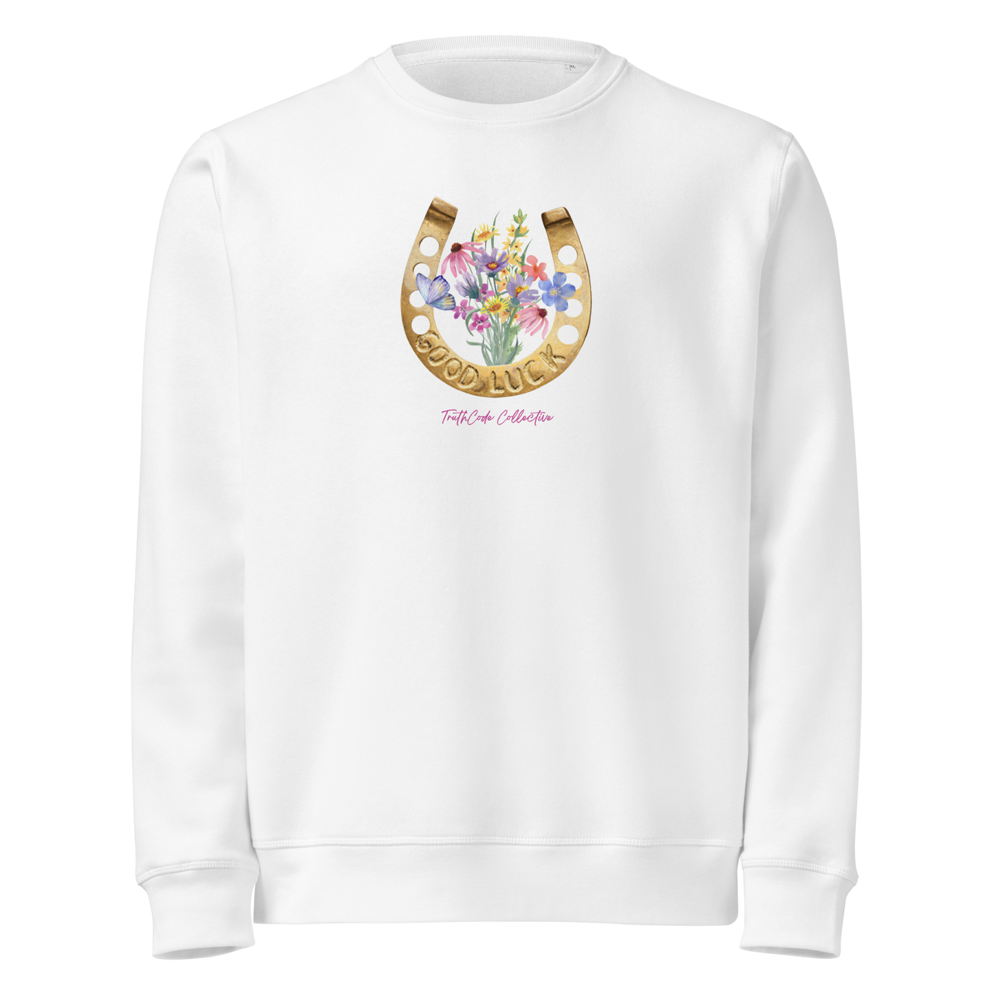 White organic sweatshirt with a floral and horseshoe design and text 'GOOD LUCK' on a white background