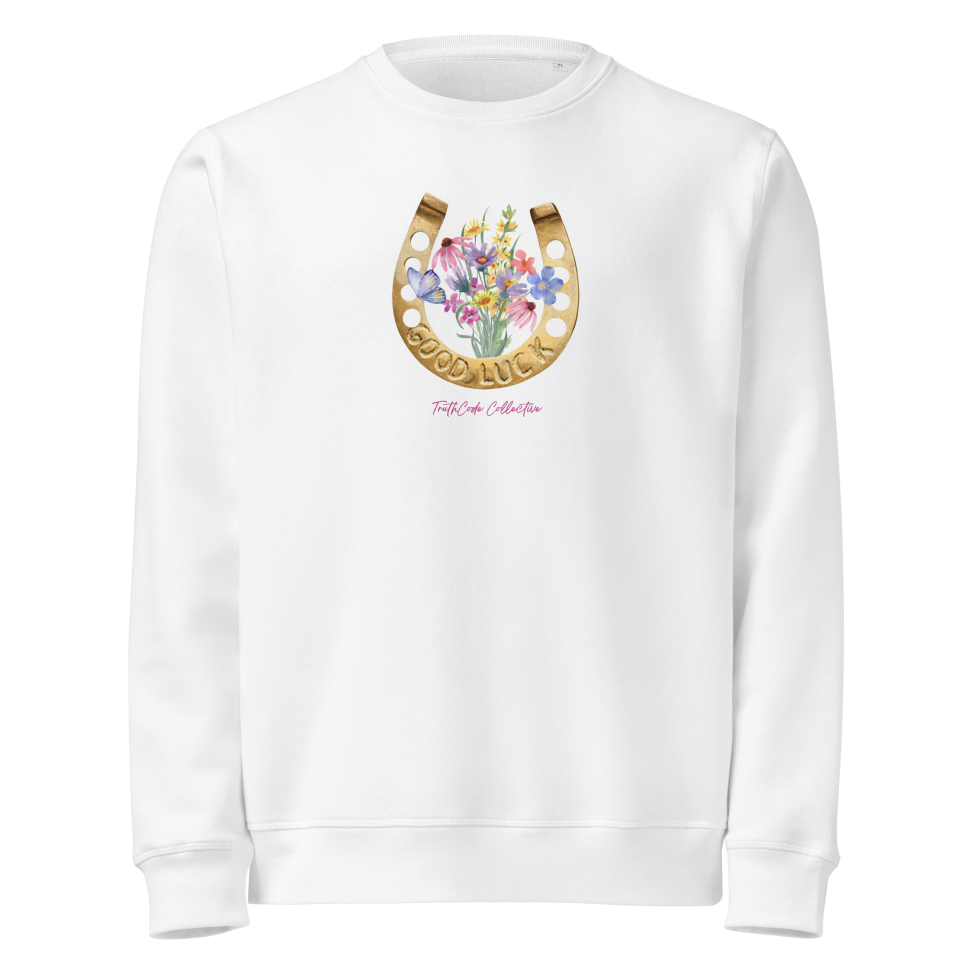 White organic sweatshirt with a floral and horseshoe design and text 'GOOD LUCK' on a white background