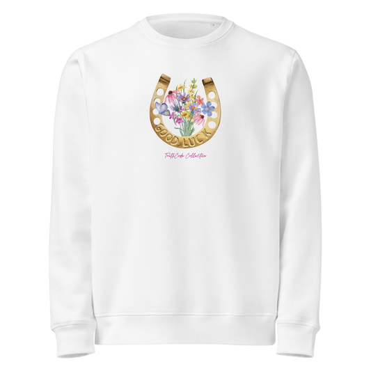 White organic sweatshirt with a floral and horseshoe design and text 'GOOD LUCK' on a white background