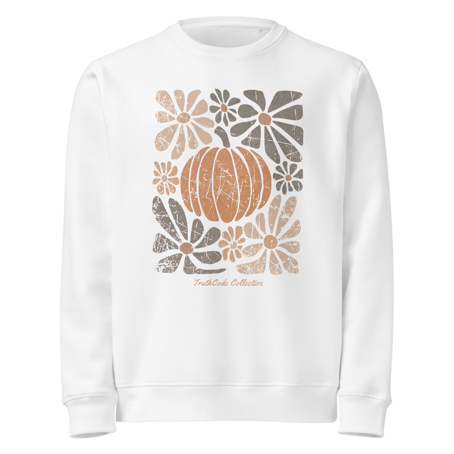 White organic sweatshirt with a pumpkin and floral design on a white background