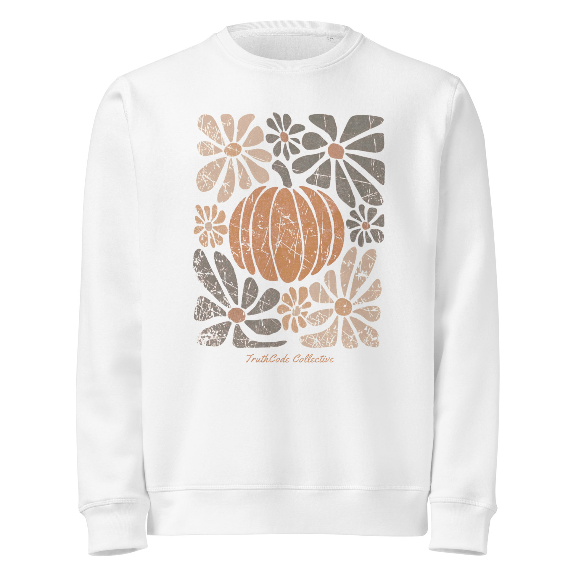 White organic sweatshirt with a pumpkin and floral design on a white background