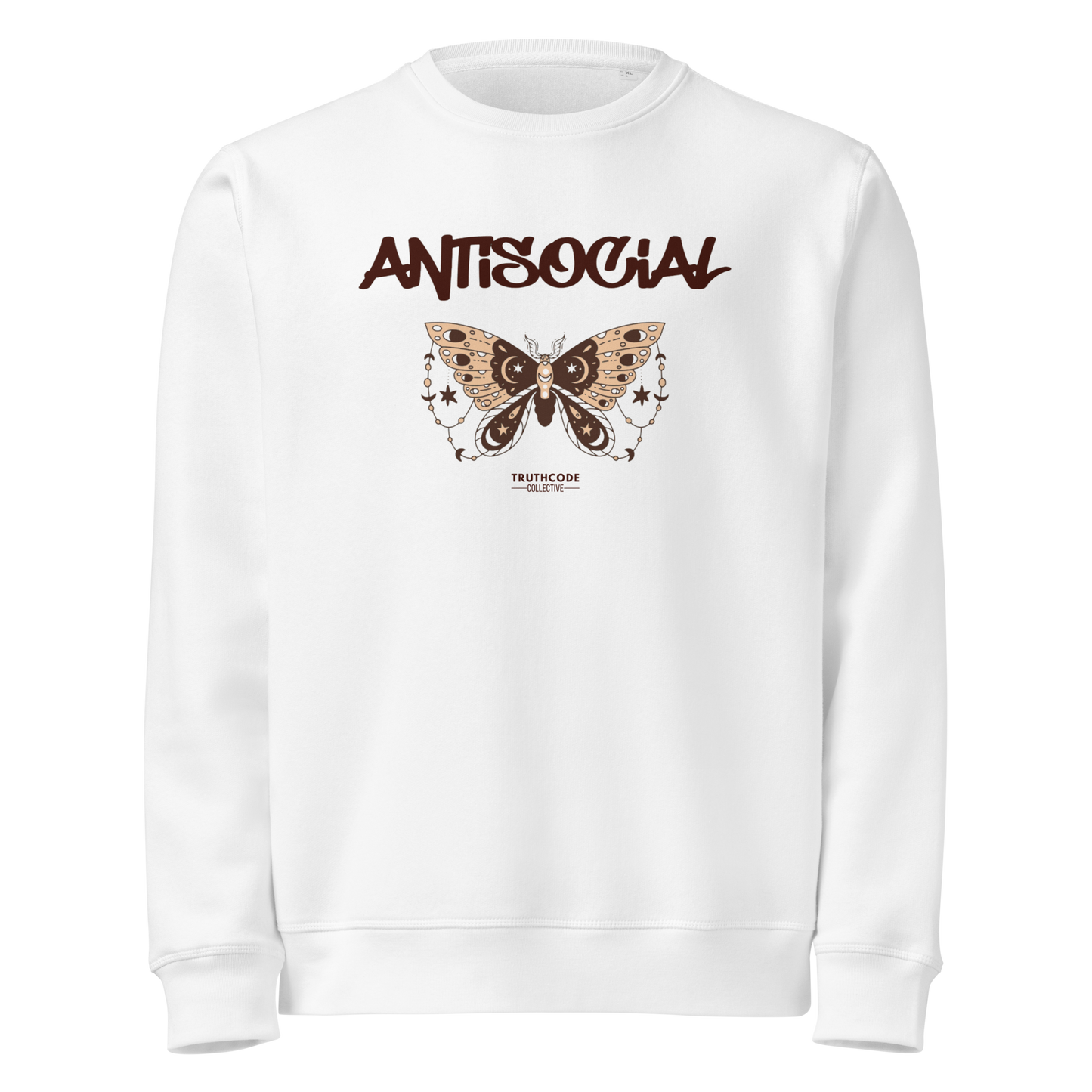 White organic sweatshirt with butterfly graphic and 'ANTISOCIAL' text on a white background