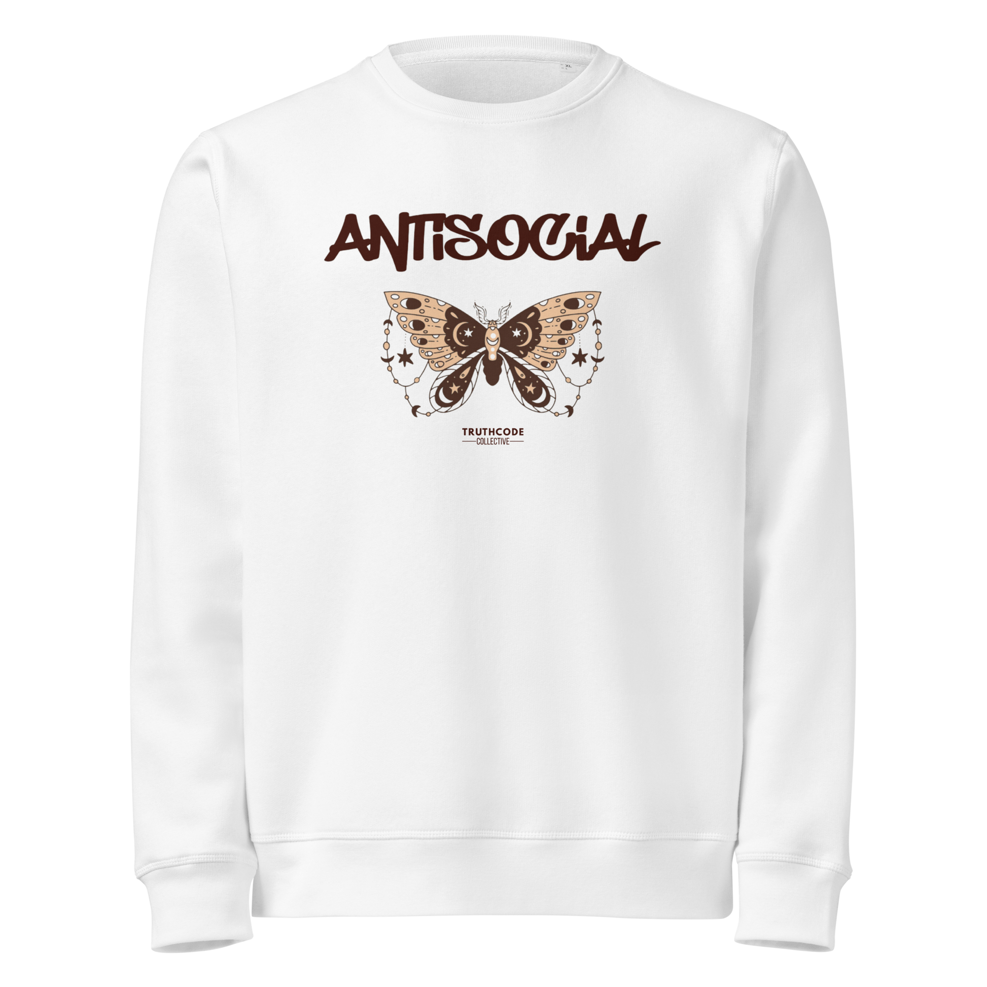 White organic sweatshirt with butterfly graphic and 'ANTISOCIAL' text on a white background