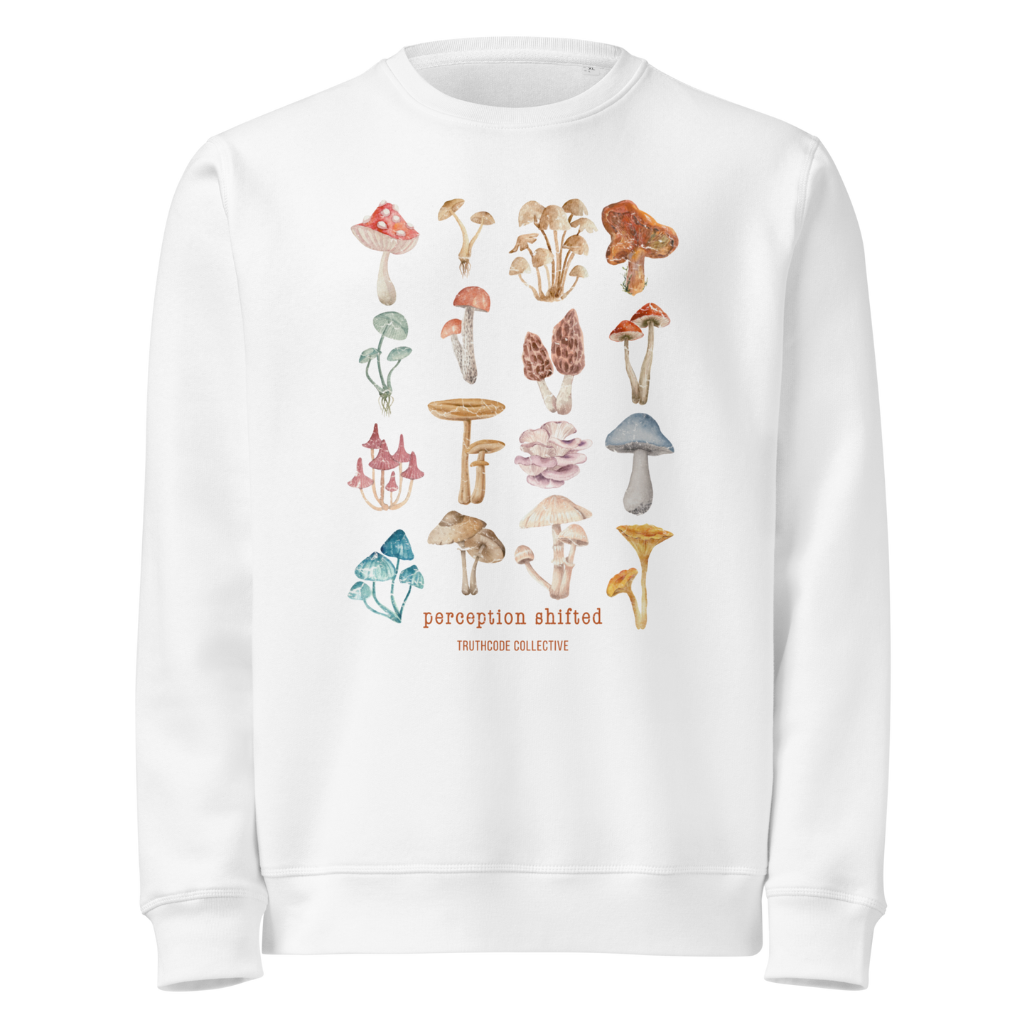 White organic sweatshirt with colorful mushroom illustrations and text 'Perception shifted' on a white background