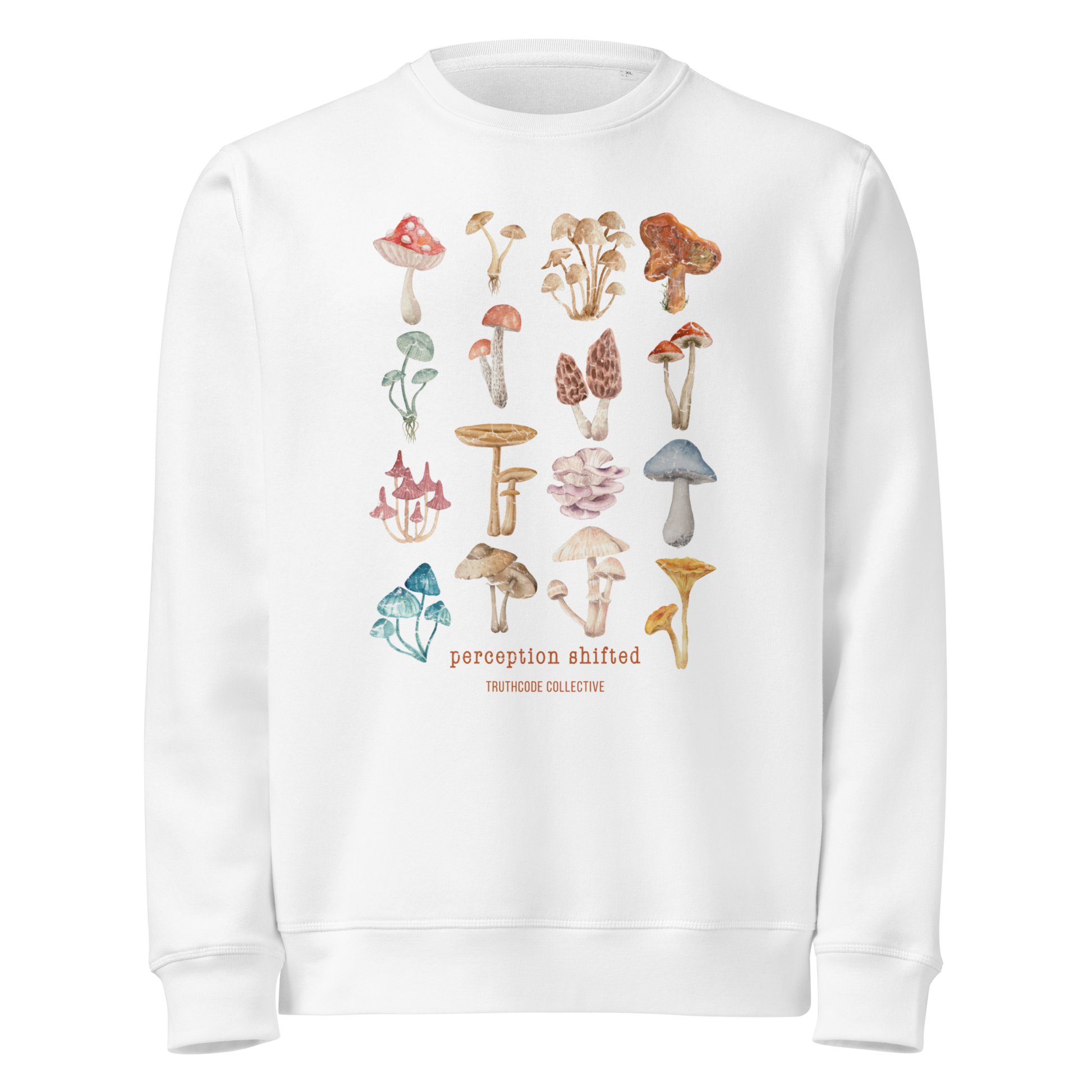 White organic sweatshirt with colorful mushroom illustrations and text 'Perception shifted' on a white background