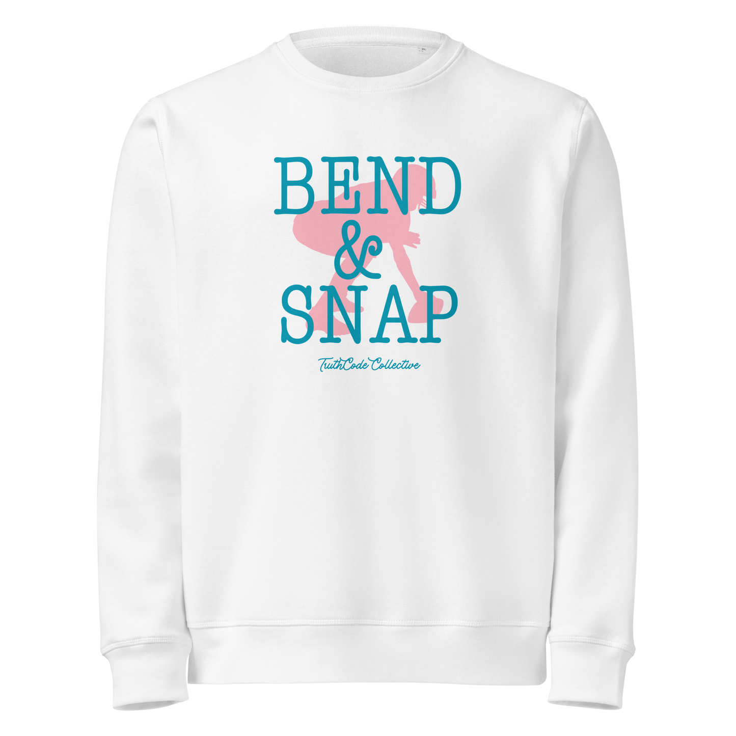 White organic sweatshirt with 'Bend & Snap' text and football player snapping football silhouette graphic on a white background