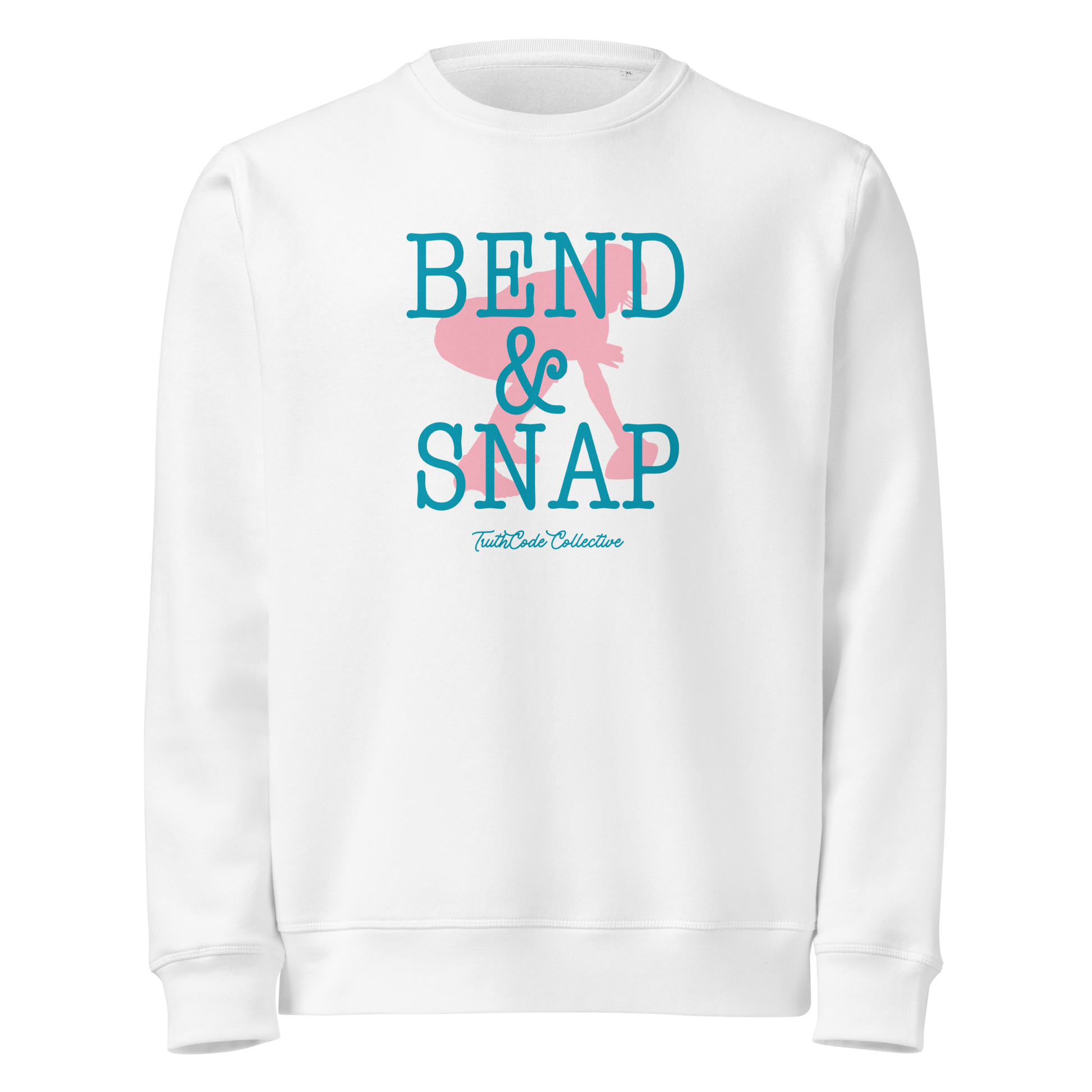 White organic sweatshirt with 'Bend & Snap' text and football player snapping football silhouette graphic on a white background