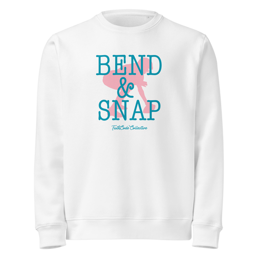 White organic sweatshirt with 'Bend & Snap' text and football player snapping football silhouette graphic on a white background