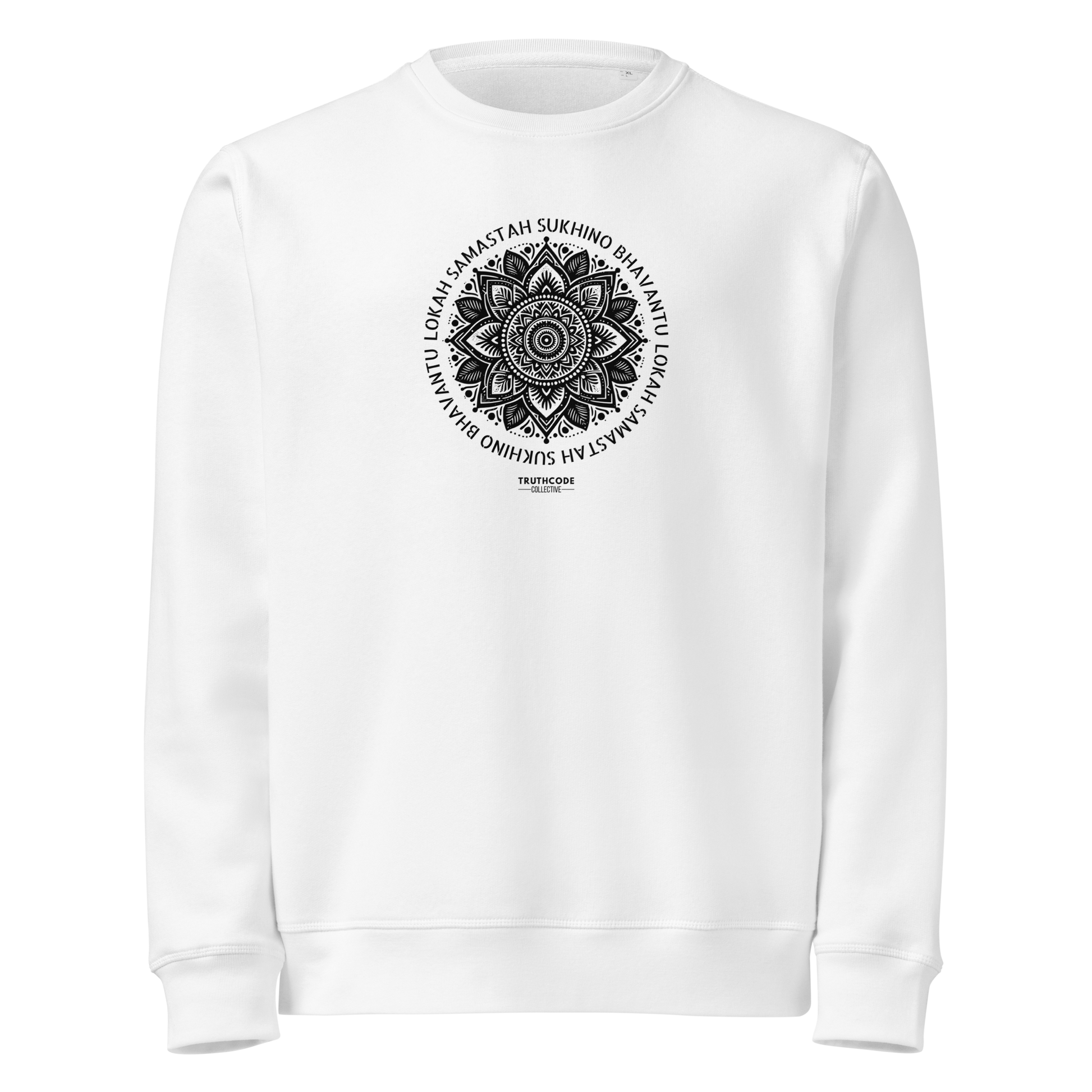White organic sweatshirt with a black mandala design and text on a white background
