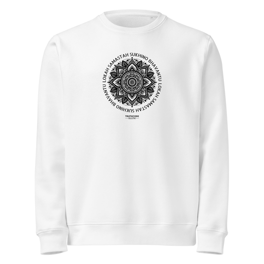 White organic sweatshirt with a black mandala design and text on a white background