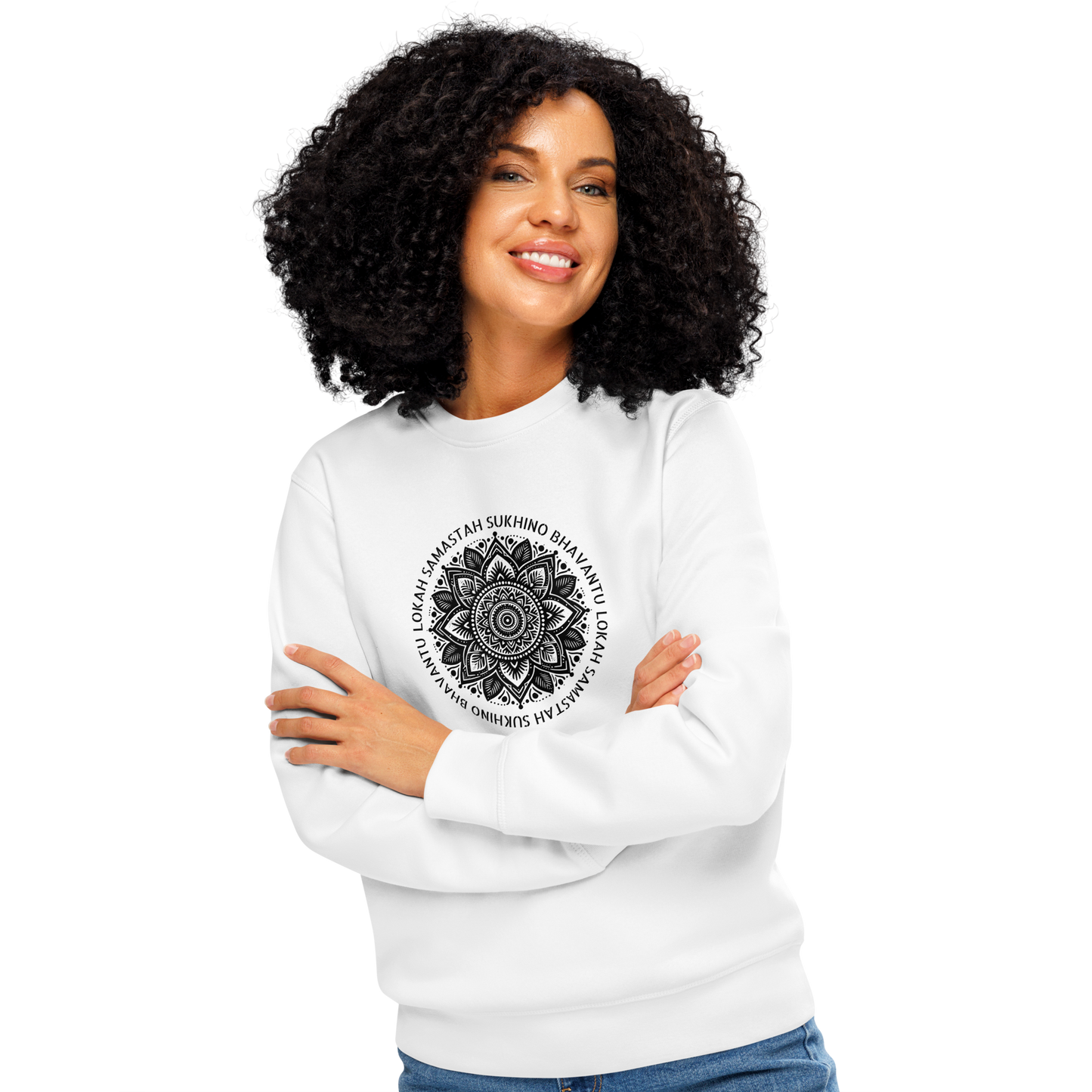 Woman wearing white organic sweatshirt with a black mandala design and text on a white background
