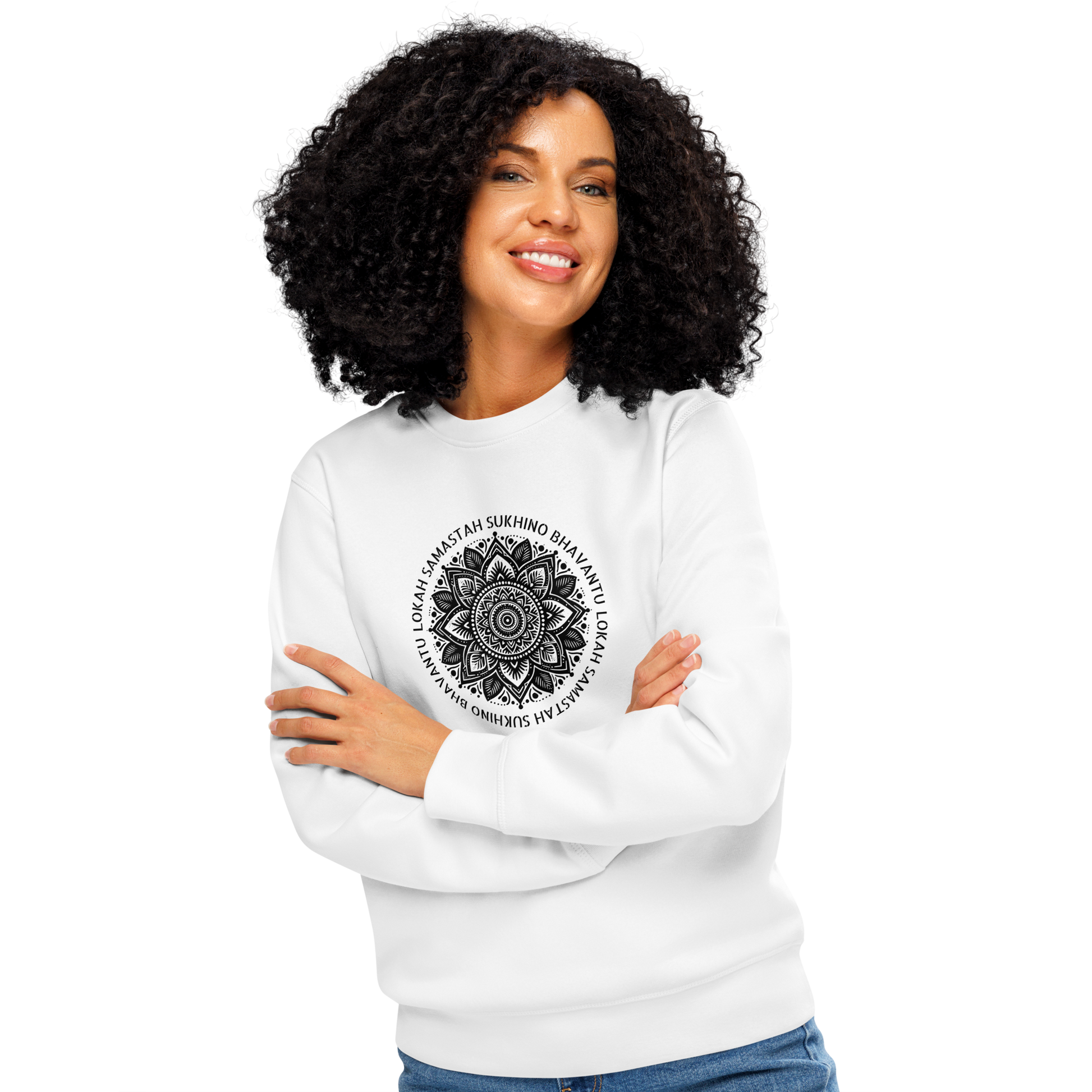 Woman wearing white organic sweatshirt with a black mandala design and text on a white background
