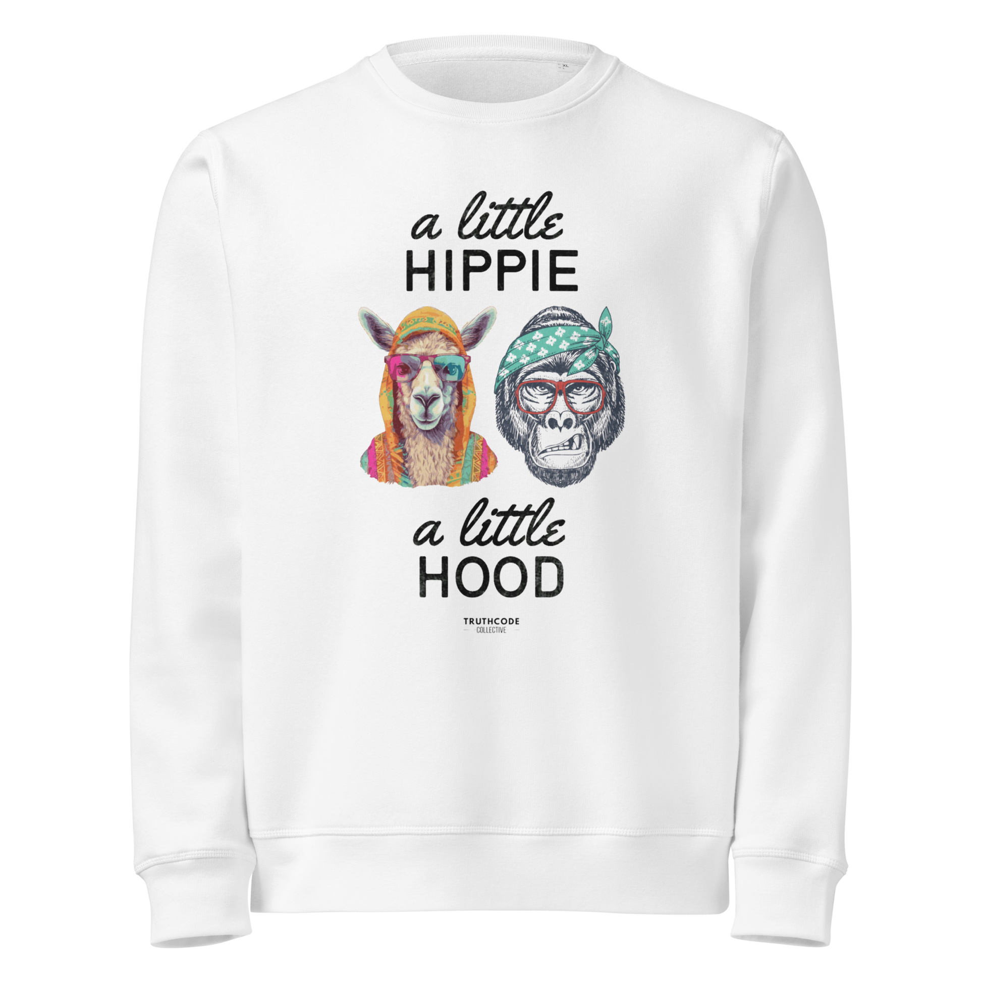 White organic sweatshirt with a graphic of a llama and monkey wearing headbands and text ' A little hippie, a little hood' on a white background
