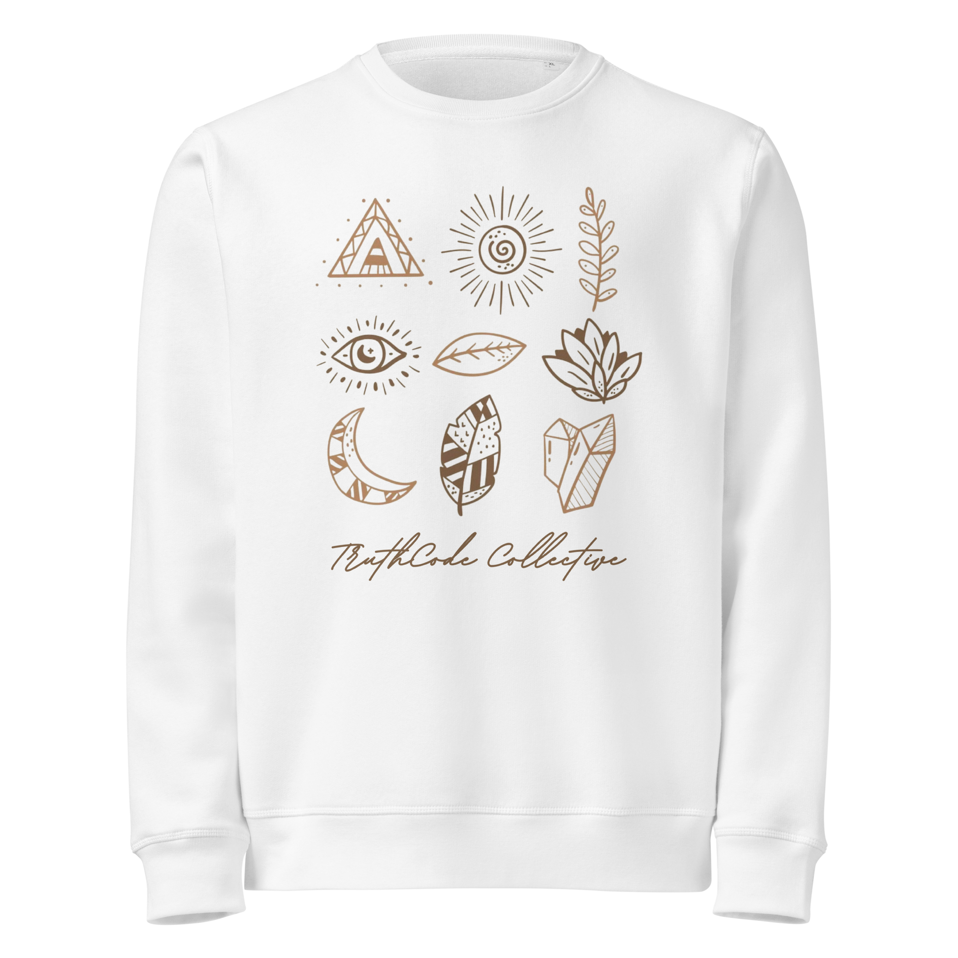 White organic sweatshirt with nature-themed graphics and 'TruthCode Collective' text on a white background
