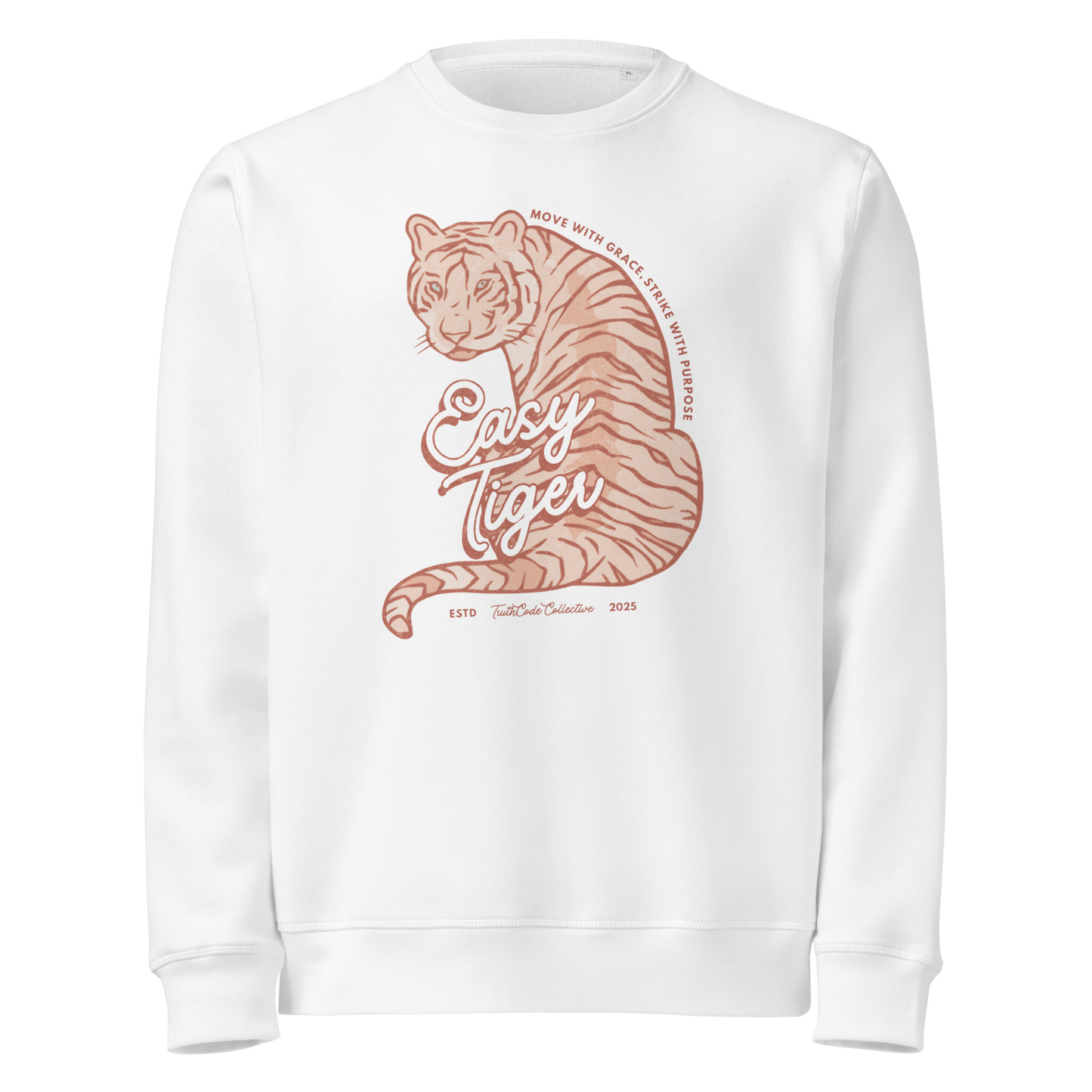 White organic sweatshirt with a tiger graphic and 'Easy Tiger' text on a white background