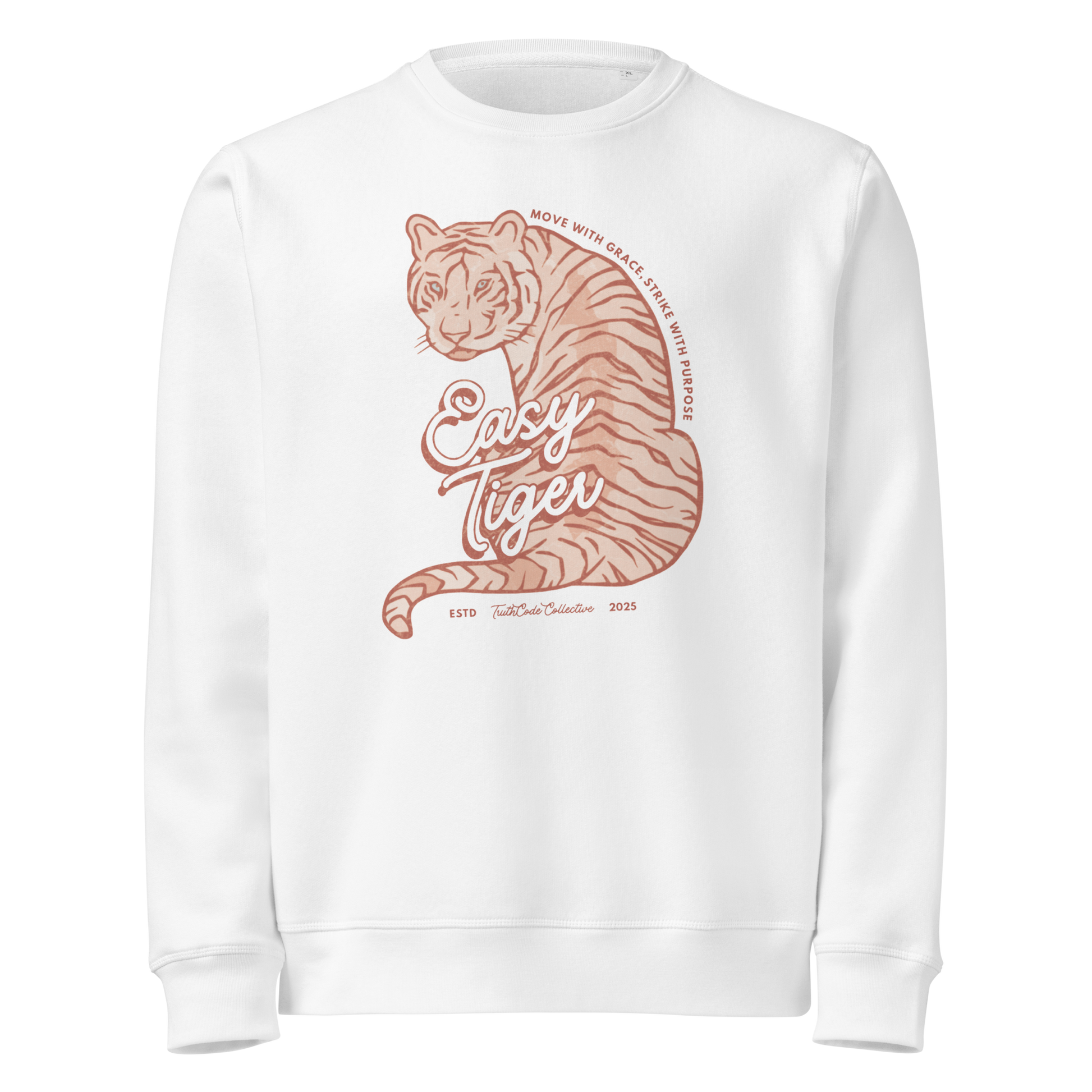 White organic sweatshirt with a tiger graphic and 'Easy Tiger' text on a white background