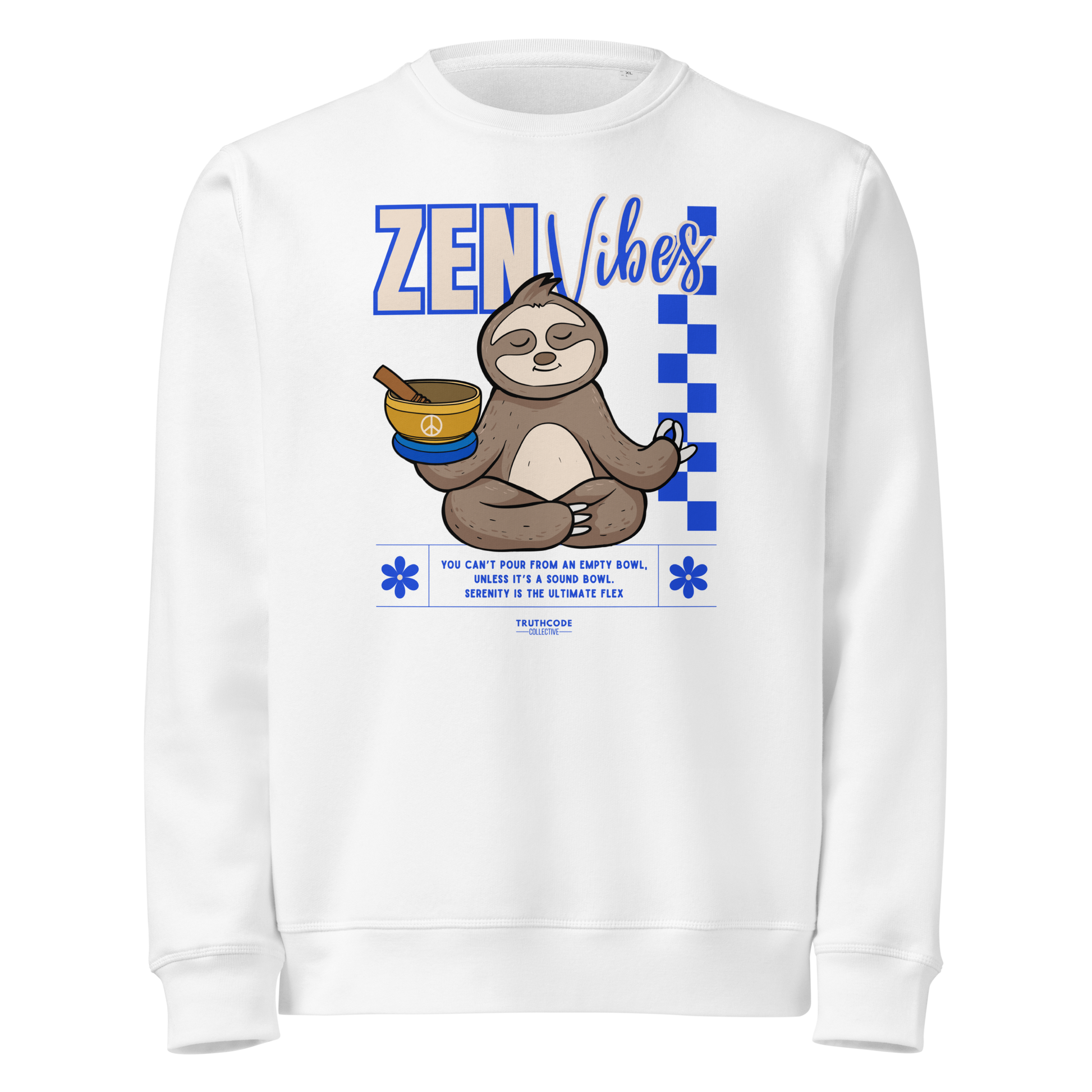 White organic sweatshirt with a sloth graphic and 'Zen Vibes' text on a white background
