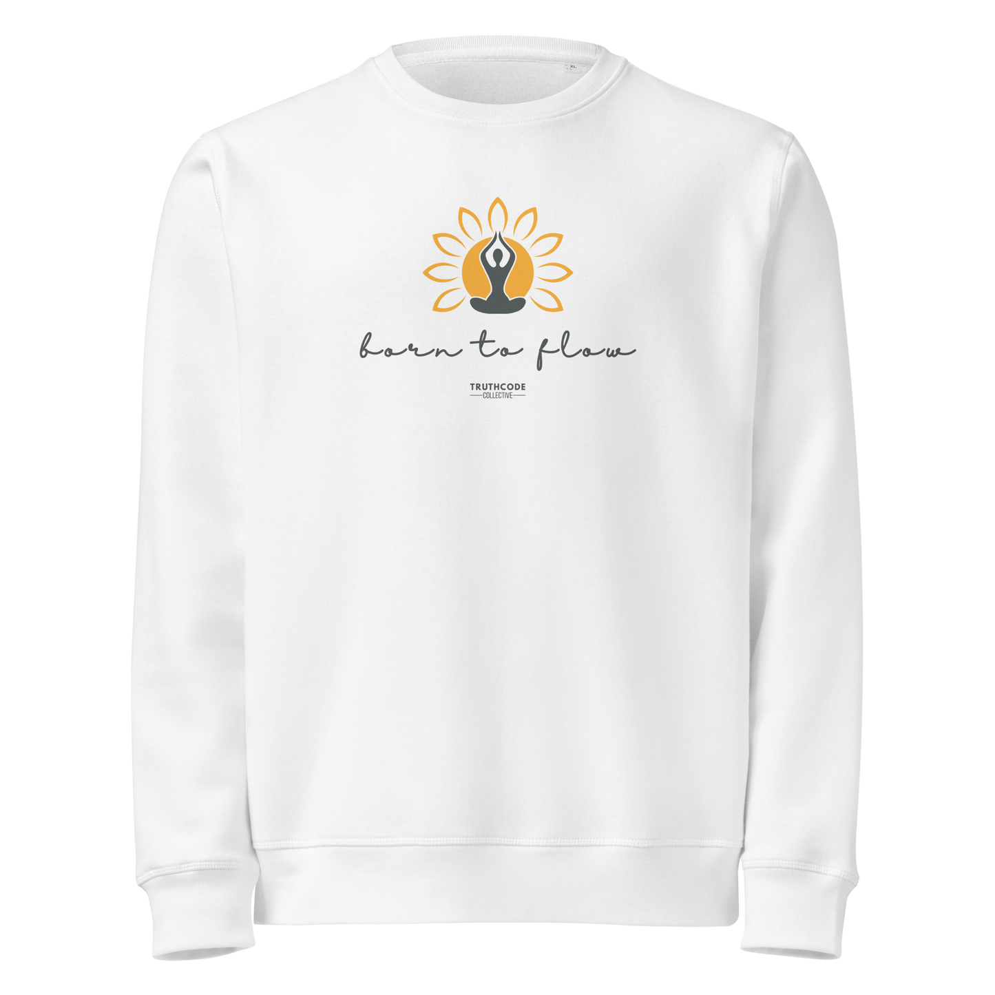 White organic sweatshirt with a flower design with person meditating design and 'born to flow' text on a white background