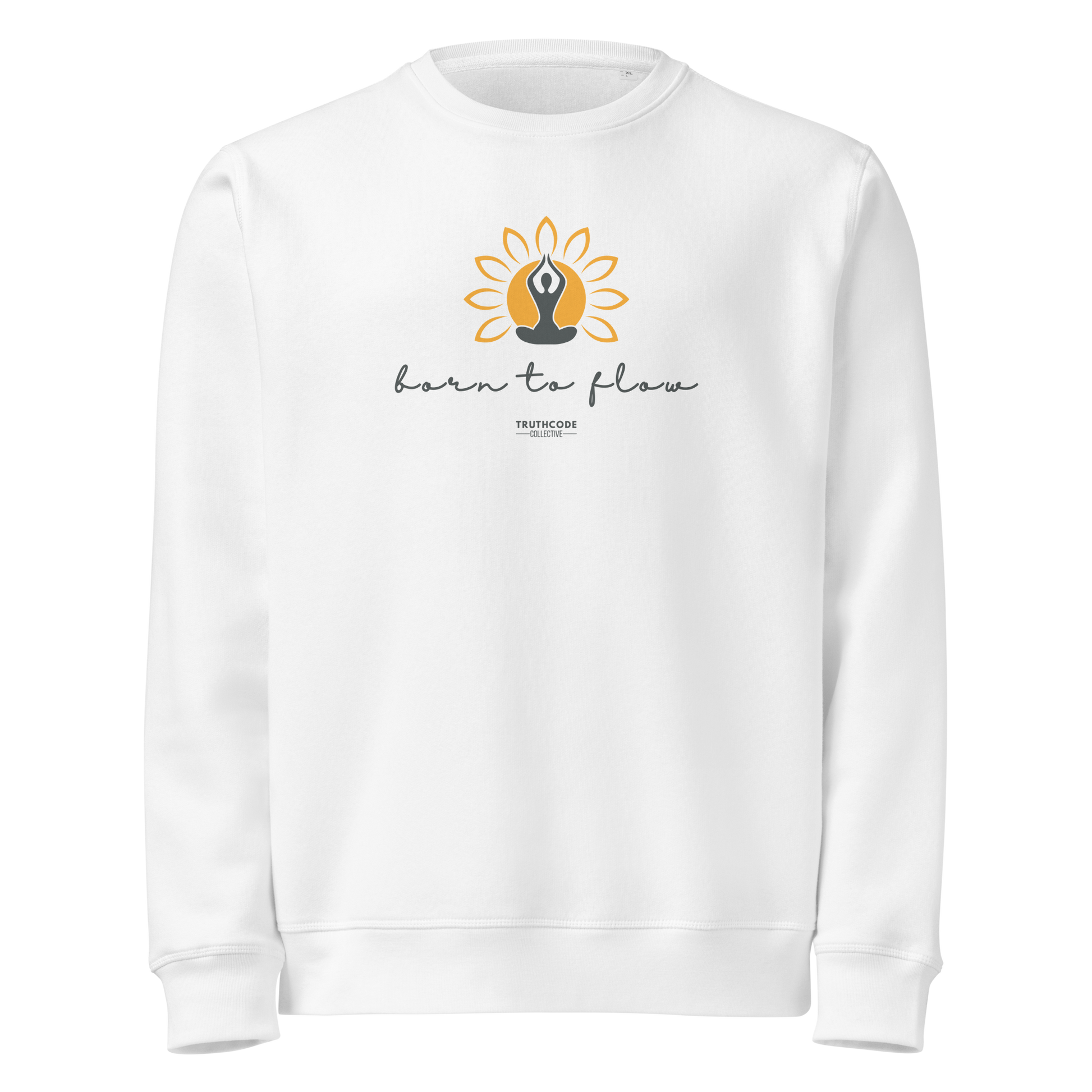 White organic sweatshirt with a flower design with person meditating design and 'born to flow' text on a white background