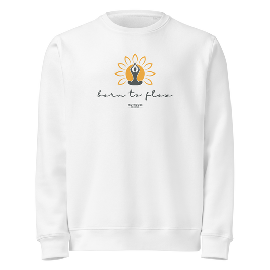 White organic sweatshirt with a flower design with person meditating design and 'born to flow' text on a white background