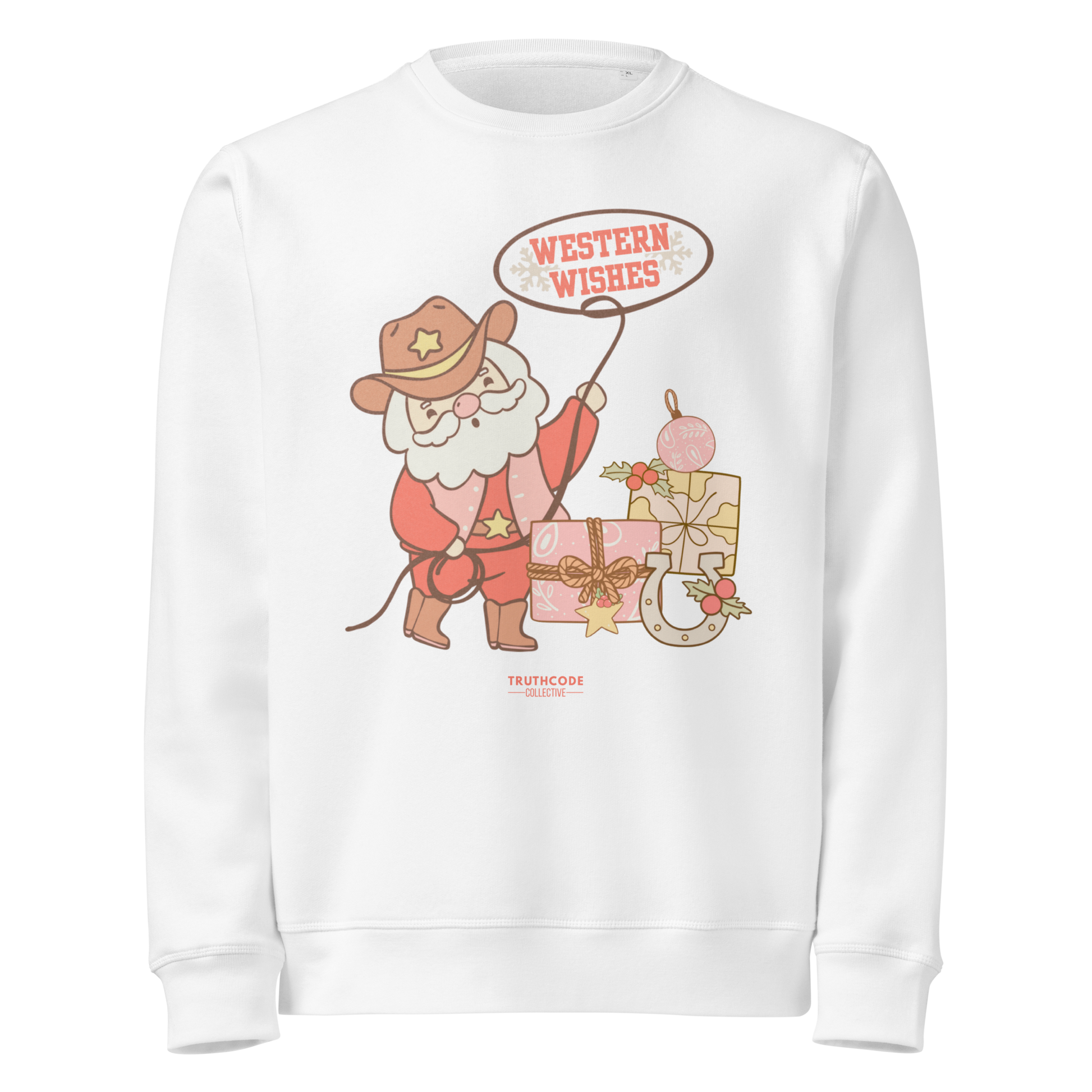 White organic sweatshirt with a cowboy Santa Claus graphic and 'Western Wishes' text on a white background.