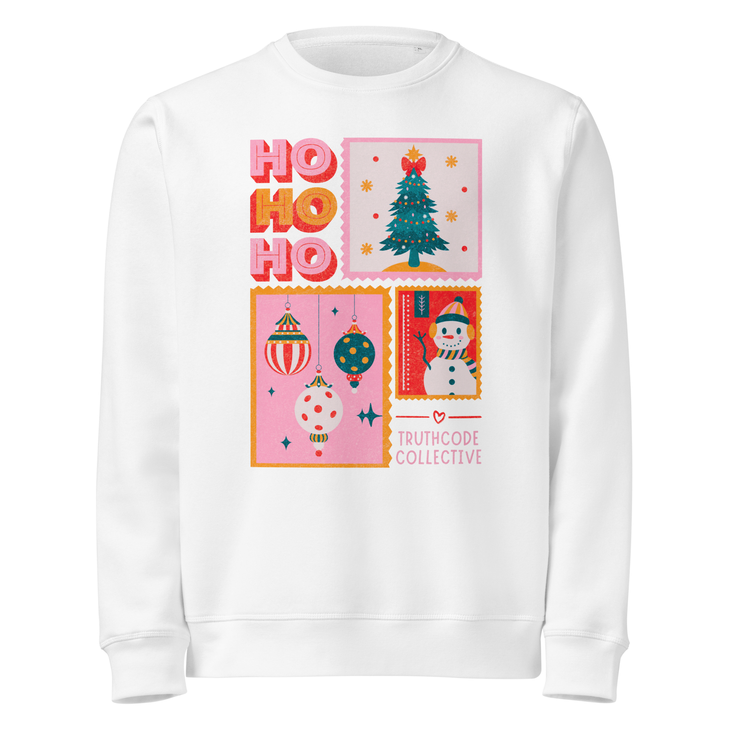 White organic sweatshirt with Christmas-themed design featuring 'HO HO HO' and Christmas postcard style graphic design white background.