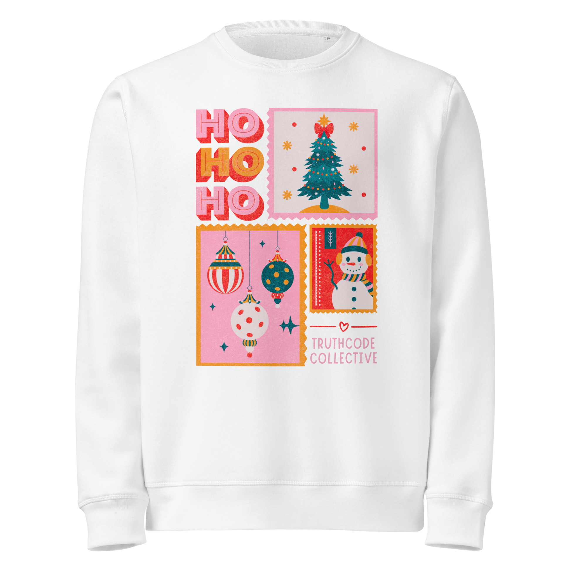 White organic sweatshirt with Christmas-themed design featuring 'HO HO HO' and Christmas postcard style graphic design white background.