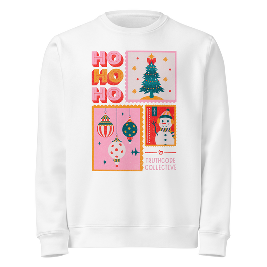 White organic sweatshirt with Christmas-themed design featuring 'HO HO HO' and Christmas postcard style graphic design white background.
