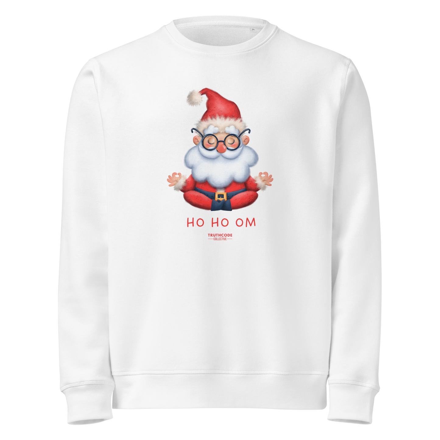 White organic sweatshirt with a cartoon Santa Claus meditating design and text 'HO HO OM' on a white background