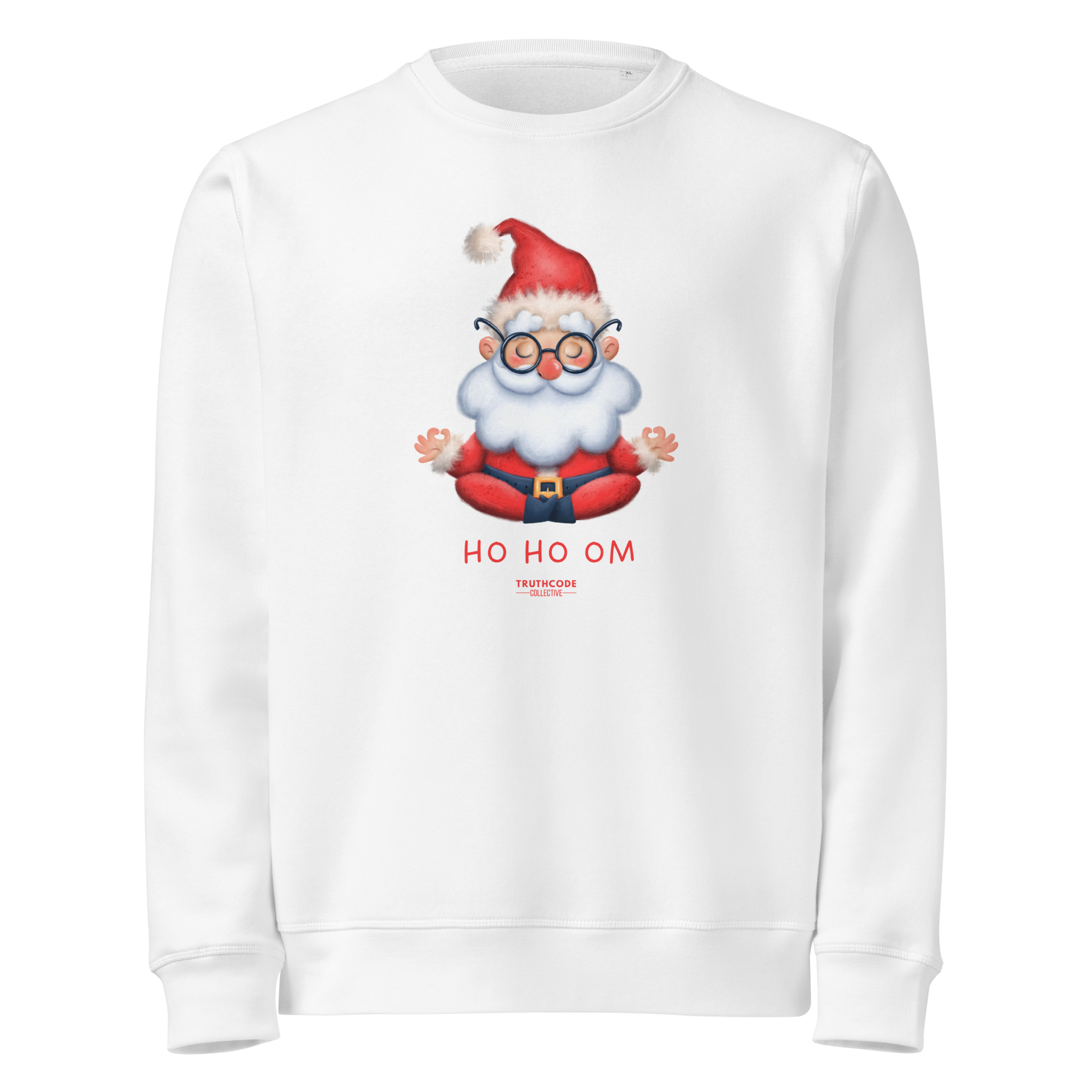 White organic sweatshirt with a cartoon Santa Claus meditating design and text 'HO HO OM' on a white background