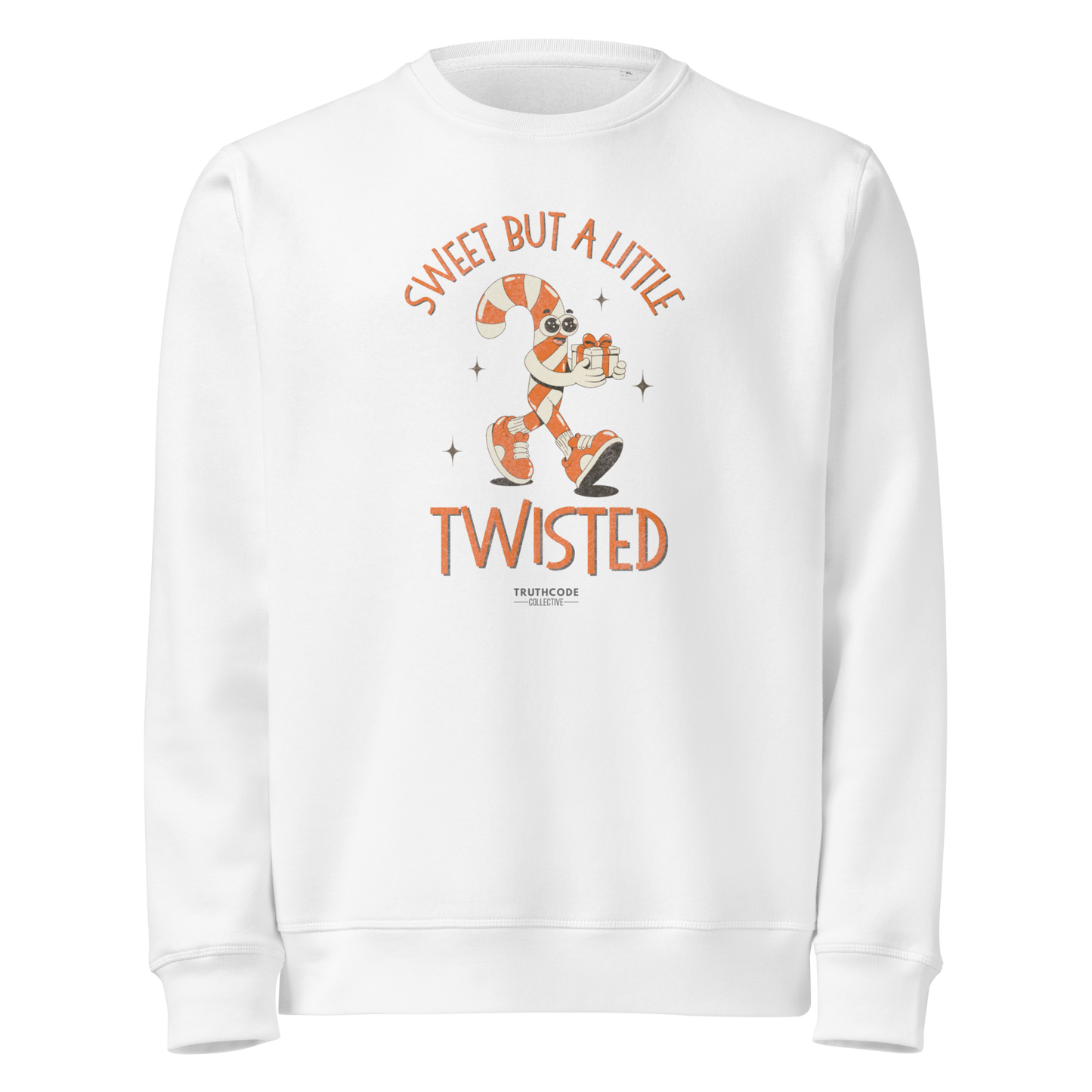 White organic sweatshirt with candy cane cartoon design and text 'Sweet but a little twisted' on a white background