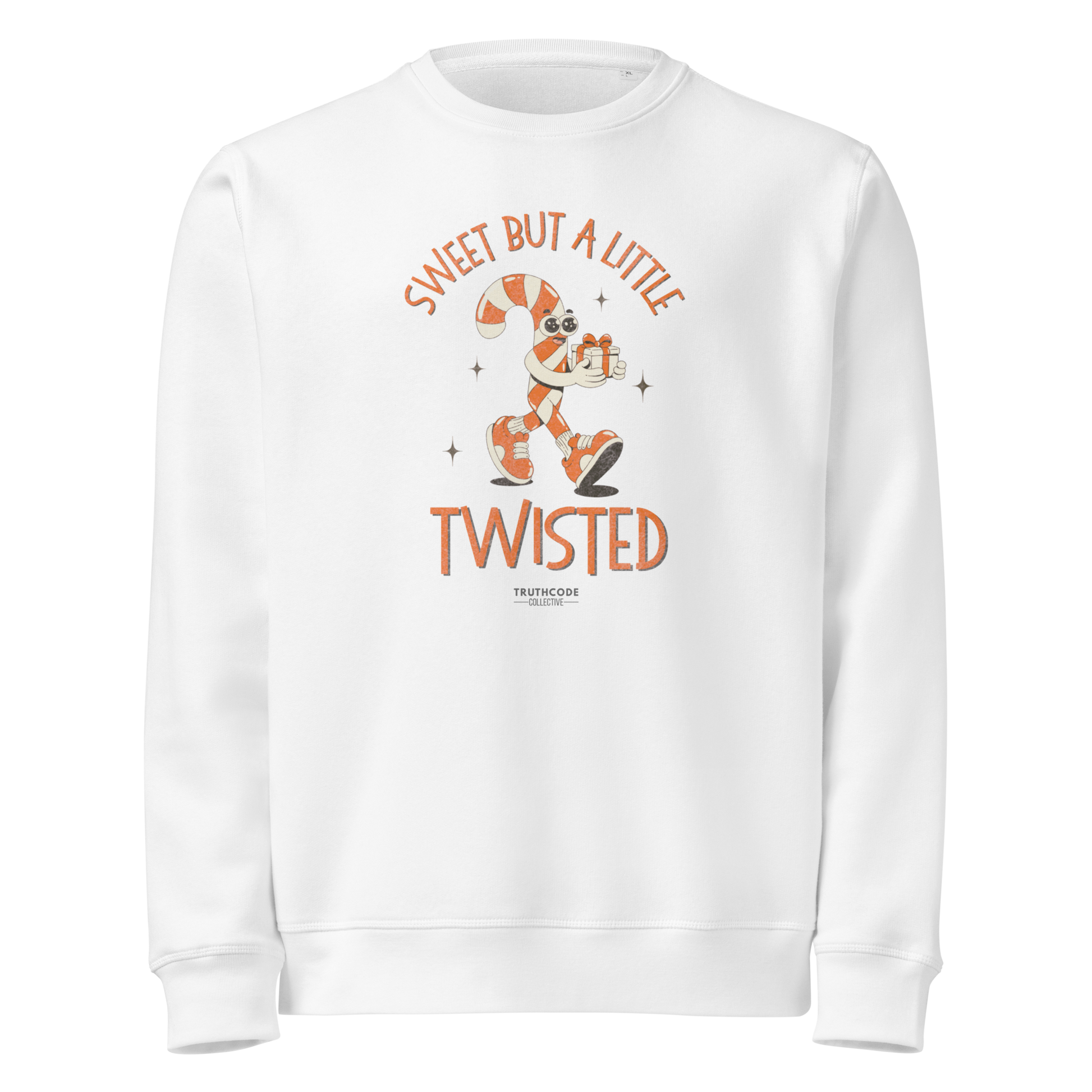 White organic sweatshirt with candy cane cartoon design and text 'Sweet but a little twisted' on a white background