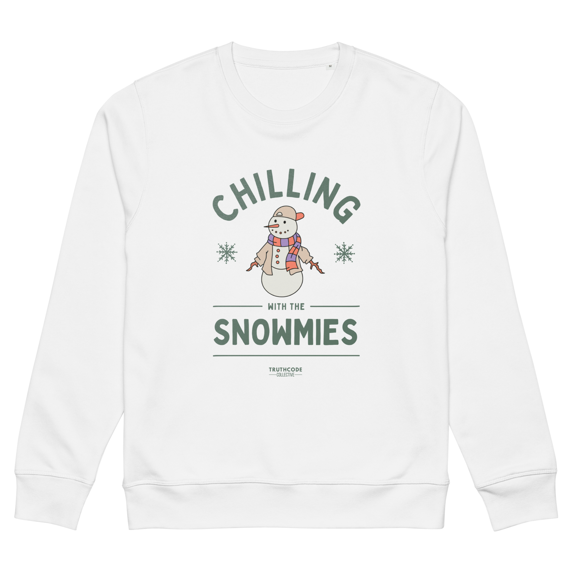 White organic sweatshirt with a snowman graphic and text 'Chilling with the Snowmies' on a white background