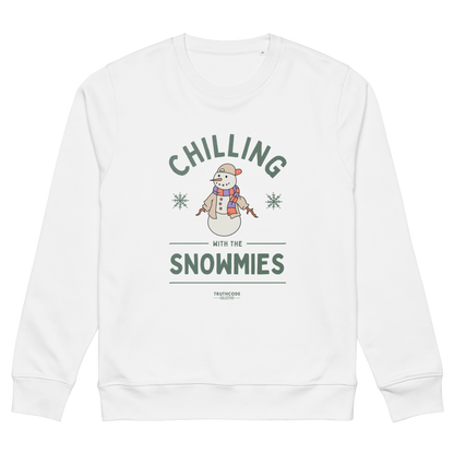 White organic sweatshirt with a snowman graphic and text 'Chilling with the Snowmies' on a white background