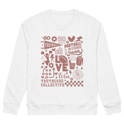White organic sweatshirt with football collage graphic design and 'Football is my favorite season' on a white background