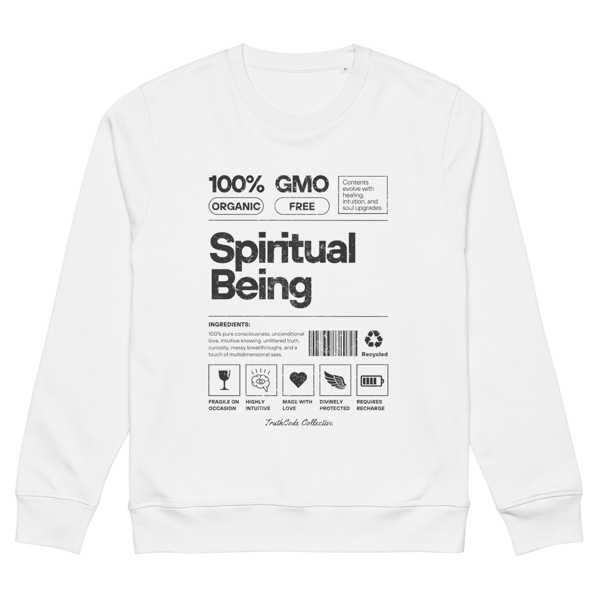 White organic sweatshirt with text 'Spiritual being' and graphics resembling a laundry tag on a white background