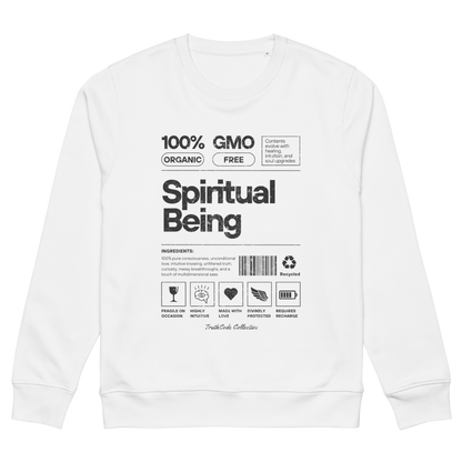 White organic sweatshirt with text 'Spiritual being' and graphics resembling a laundry tag on a white background