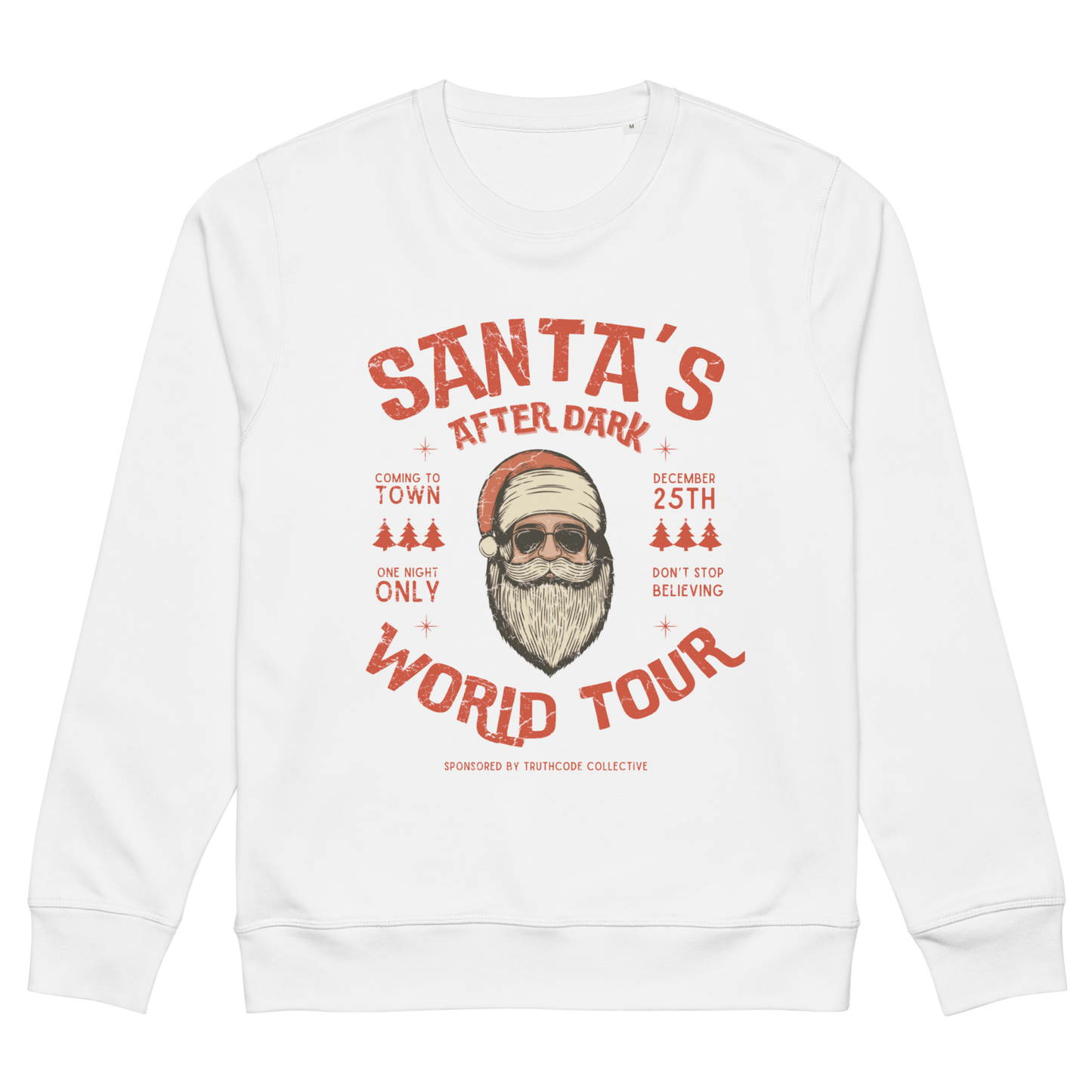 White organic sweatshirt with Santa Claus in sunglasses graphic and text 'Santa's after dark world tour' on a white background