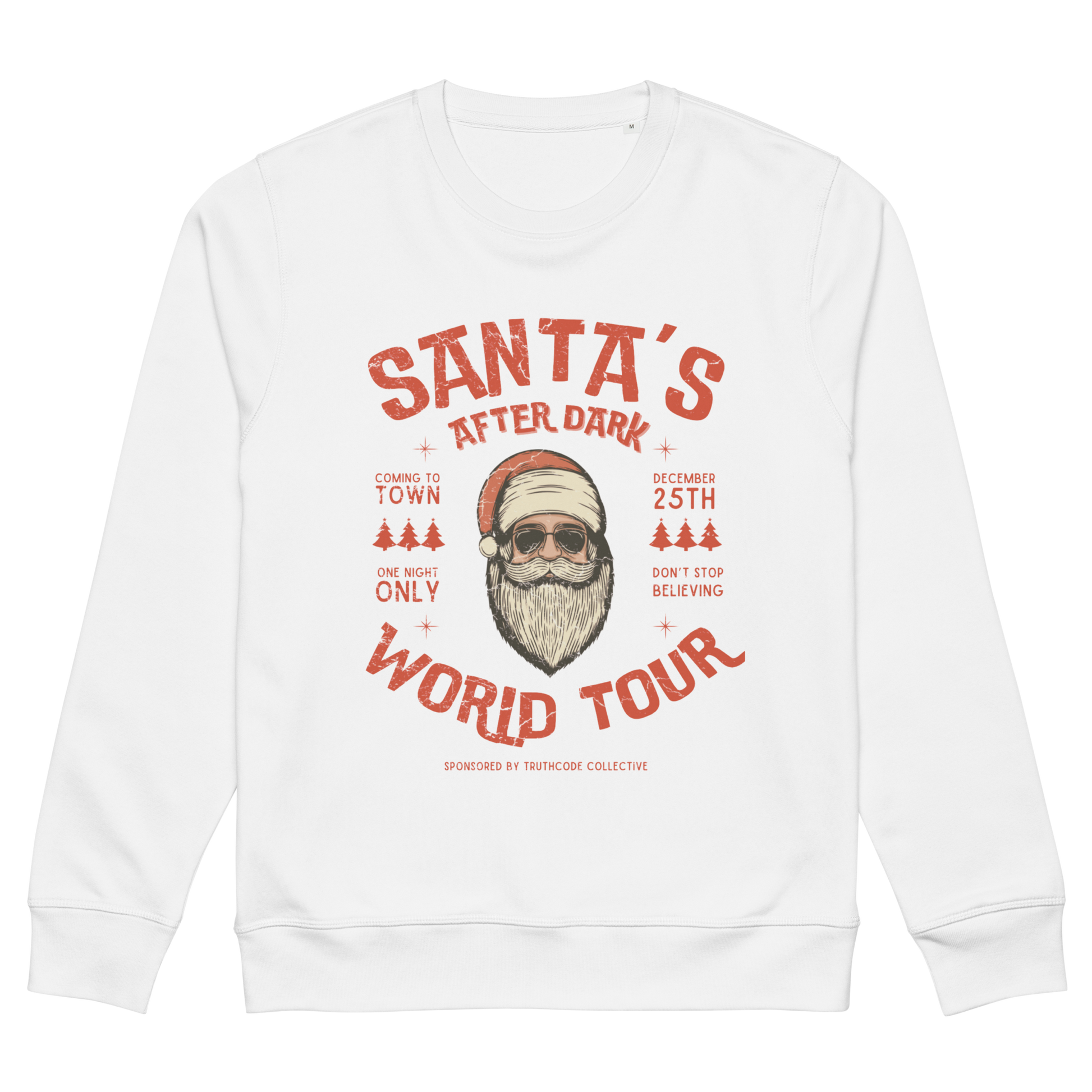 White organic sweatshirt with Santa Claus in sunglasses graphic and text 'Santa's after dark world tour' on a white background